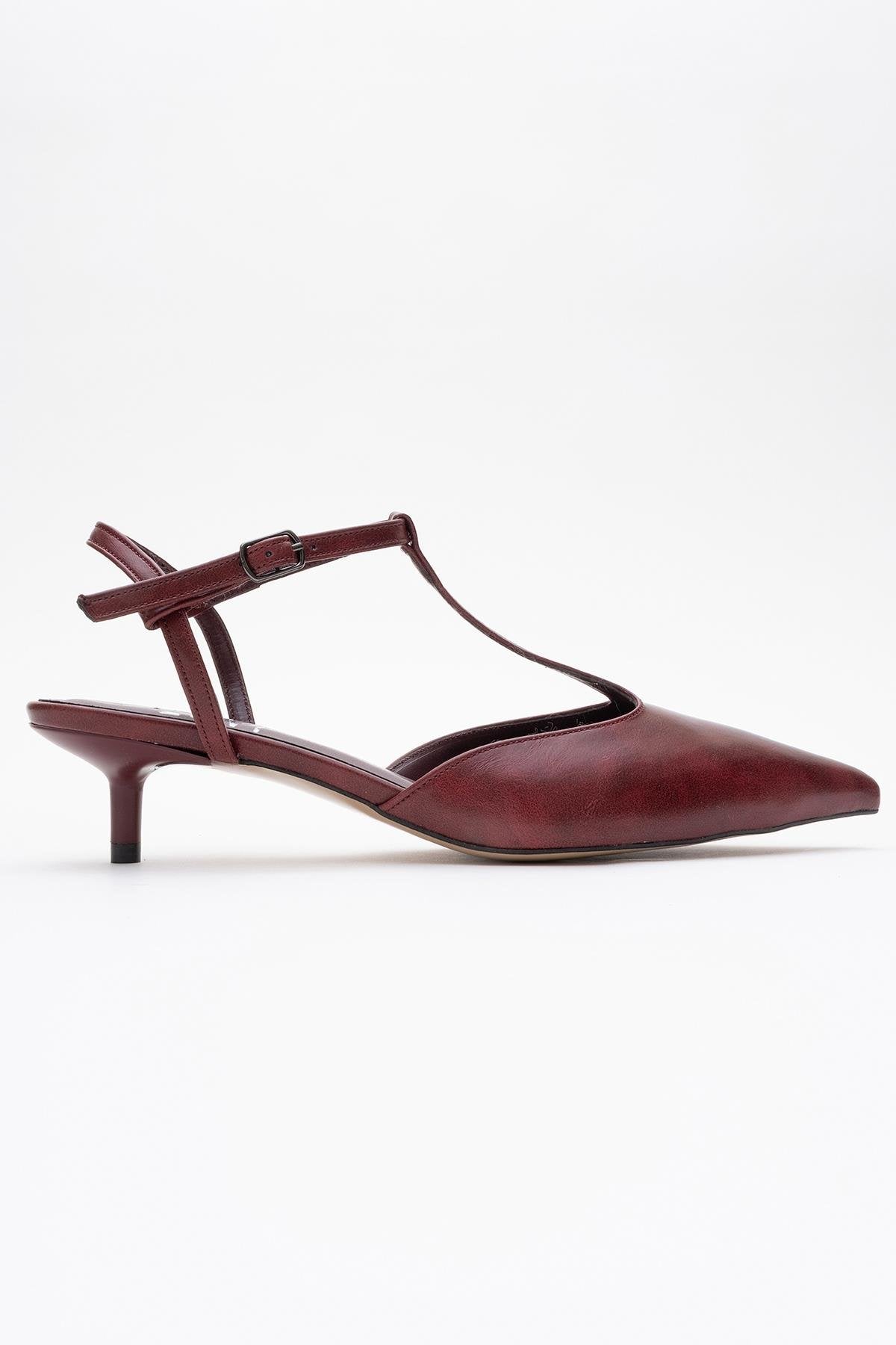 Asher - Burgundy Pointed Toe Backless Low Heel Pump – top view showing leather, Vowalisse