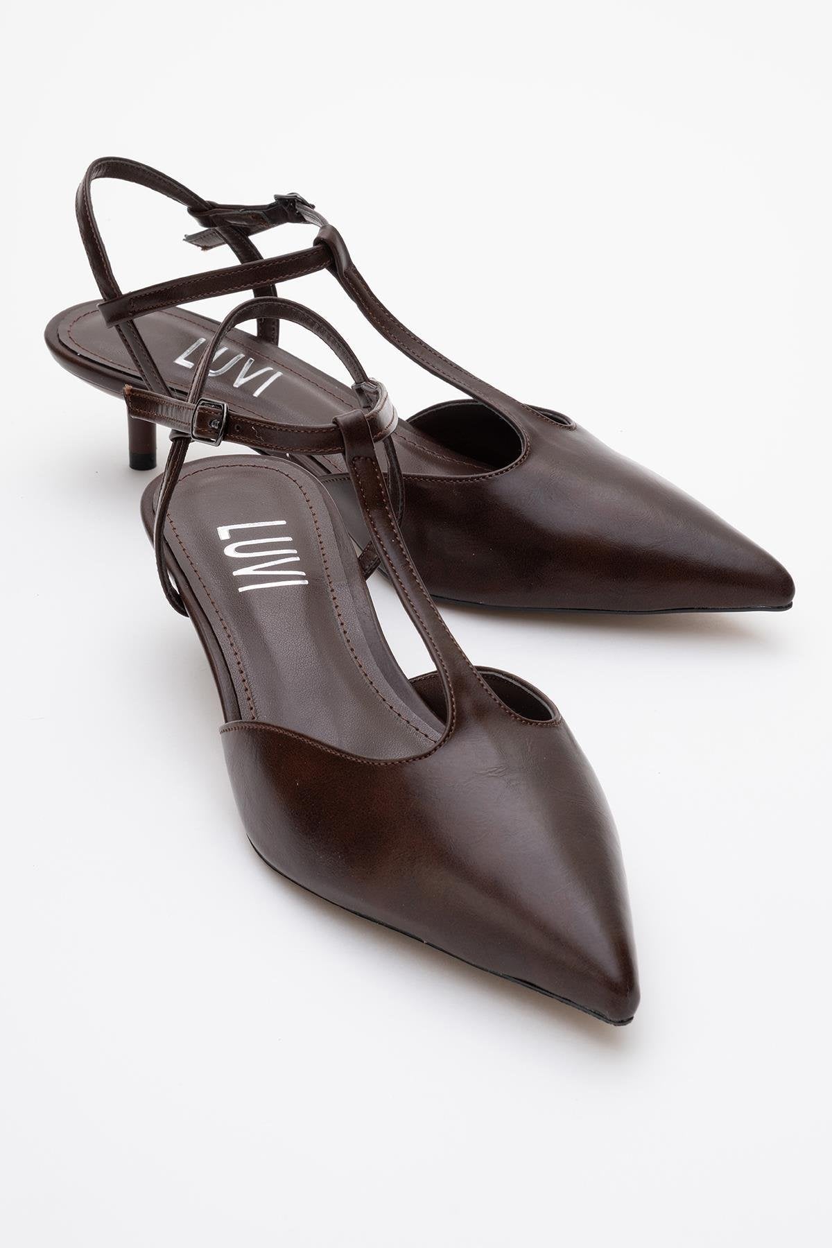 Asher - Brown Pointed Toe Backless Low Heel Pump – front three-quarter view showing leather, Vowalisse