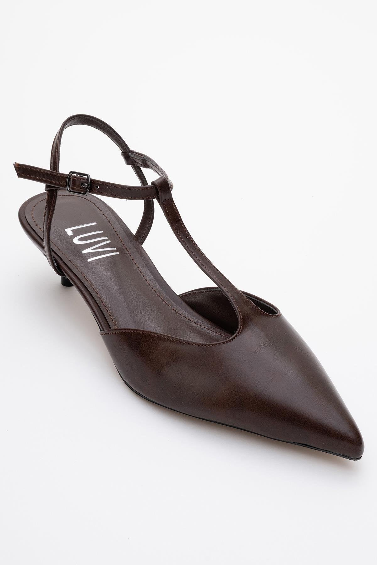 Asher - Brown Pointed Toe Backless Low Heel Pump – detail view showing leather, Vowalisse