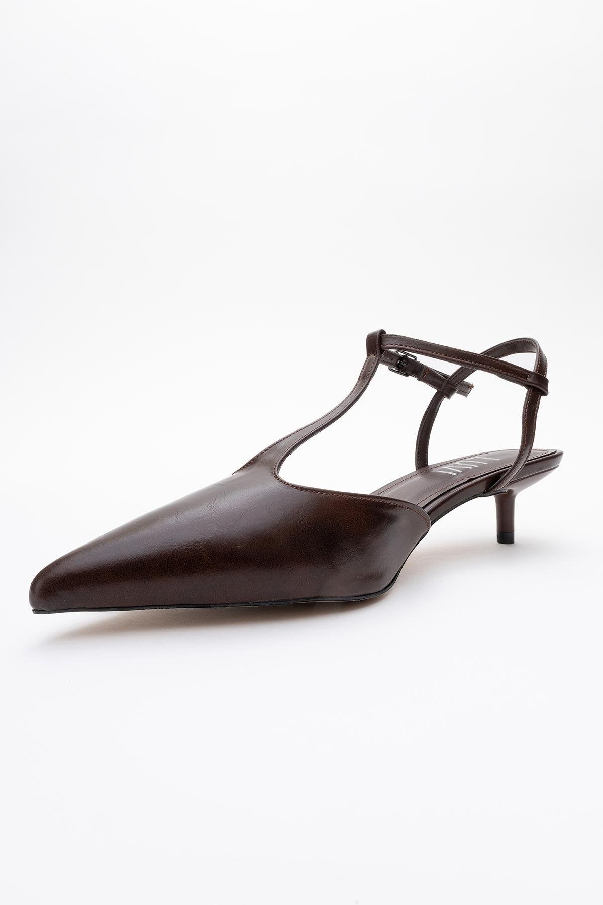 Asher - Brown Pointed Toe Backless Low Heel Pump – heel view showing leather, Vowalisse