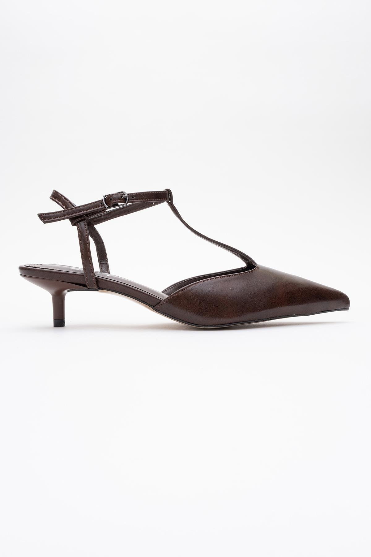 Asher - Brown Pointed Toe Backless Low Heel Pump – top view showing leather, Vowalisse