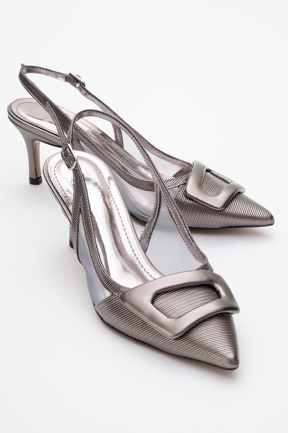 Foley - Platinum Striped Pointed Toe Backless Stiletto Pump – front three-quarter view showing leather, Vowalisse