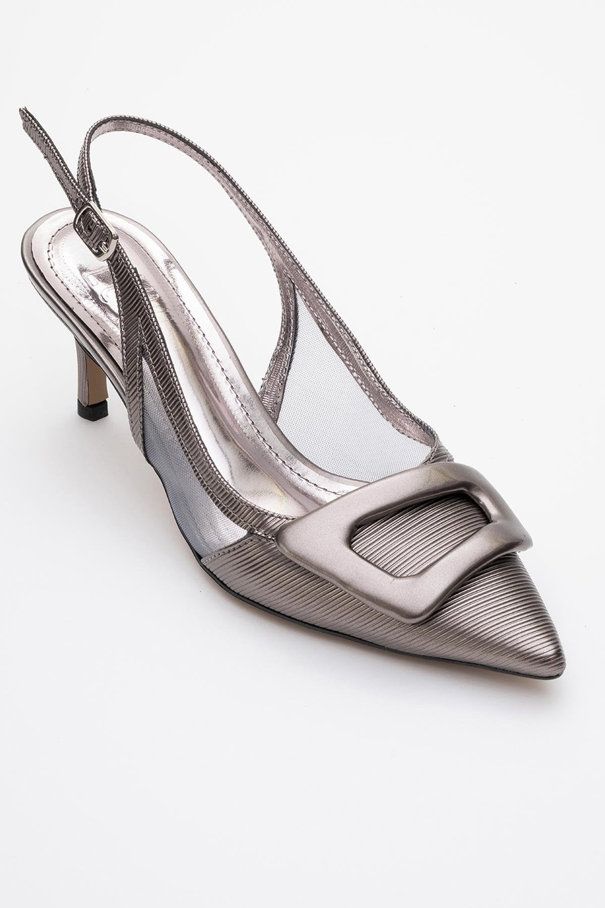 Foley - Platinum Striped Pointed Toe Backless Stiletto Pump – side view showing leather, Vowalisse