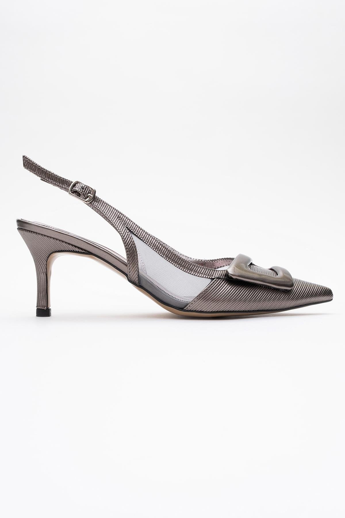 Foley - Platinum Striped Pointed Toe Backless Stiletto Pump – back view showing leather, Vowalisse