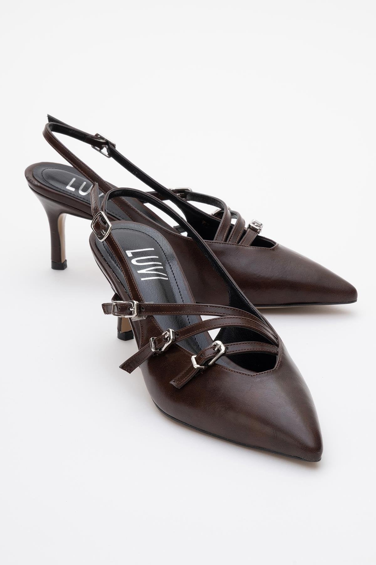 Magra Brown Cilt Pointed-Toe Slingback Stiletto – front three-quarter view showing leather, red, Vowalisse