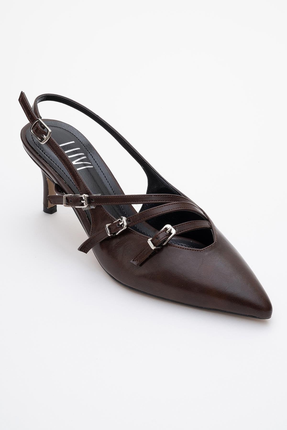 Magra Brown Cilt Pointed-Toe Slingback Stiletto – detail view showing leather, red, Vowalisse