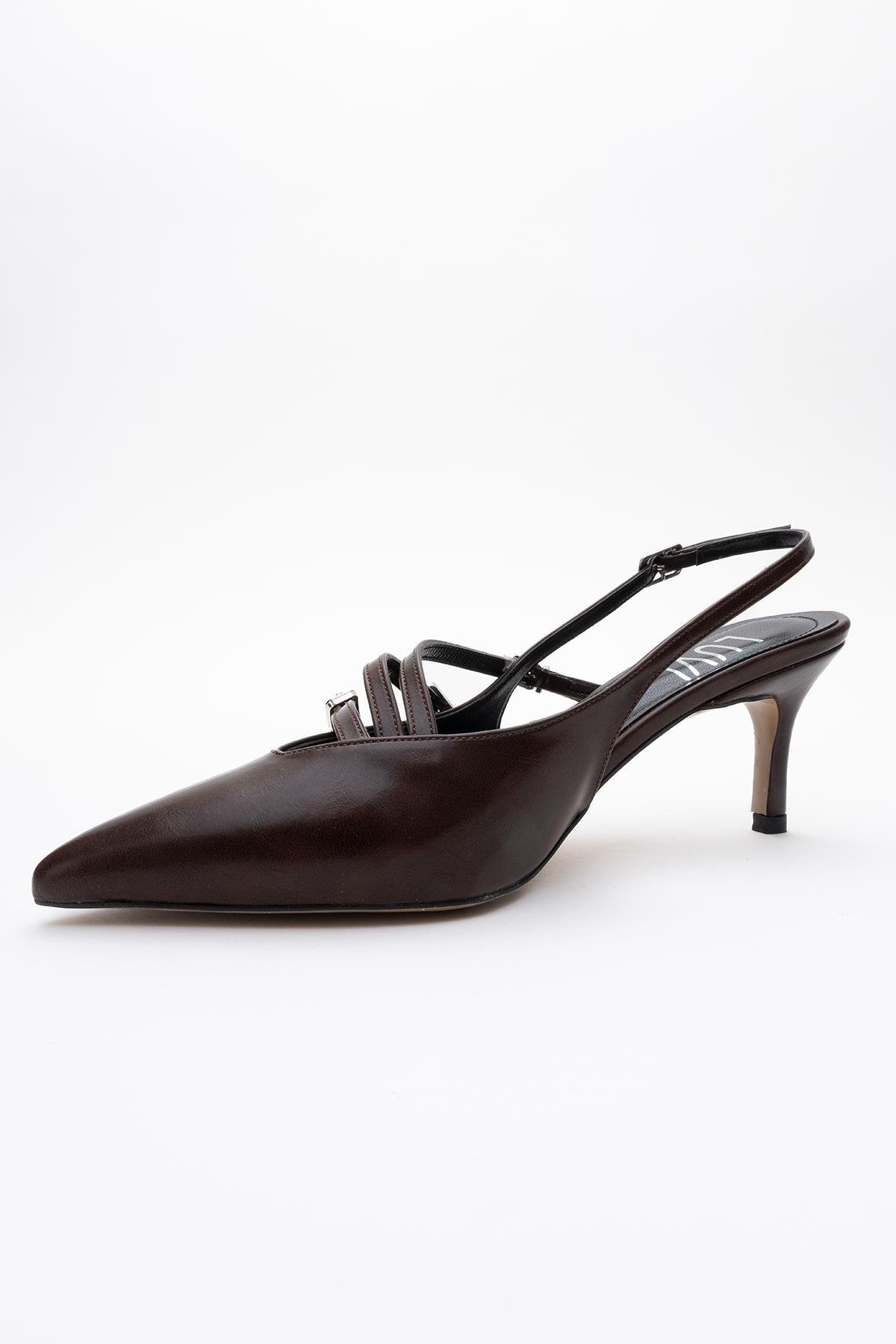 Magra Brown Cilt Pointed-Toe Slingback Stiletto – heel view showing leather, red, Vowalisse