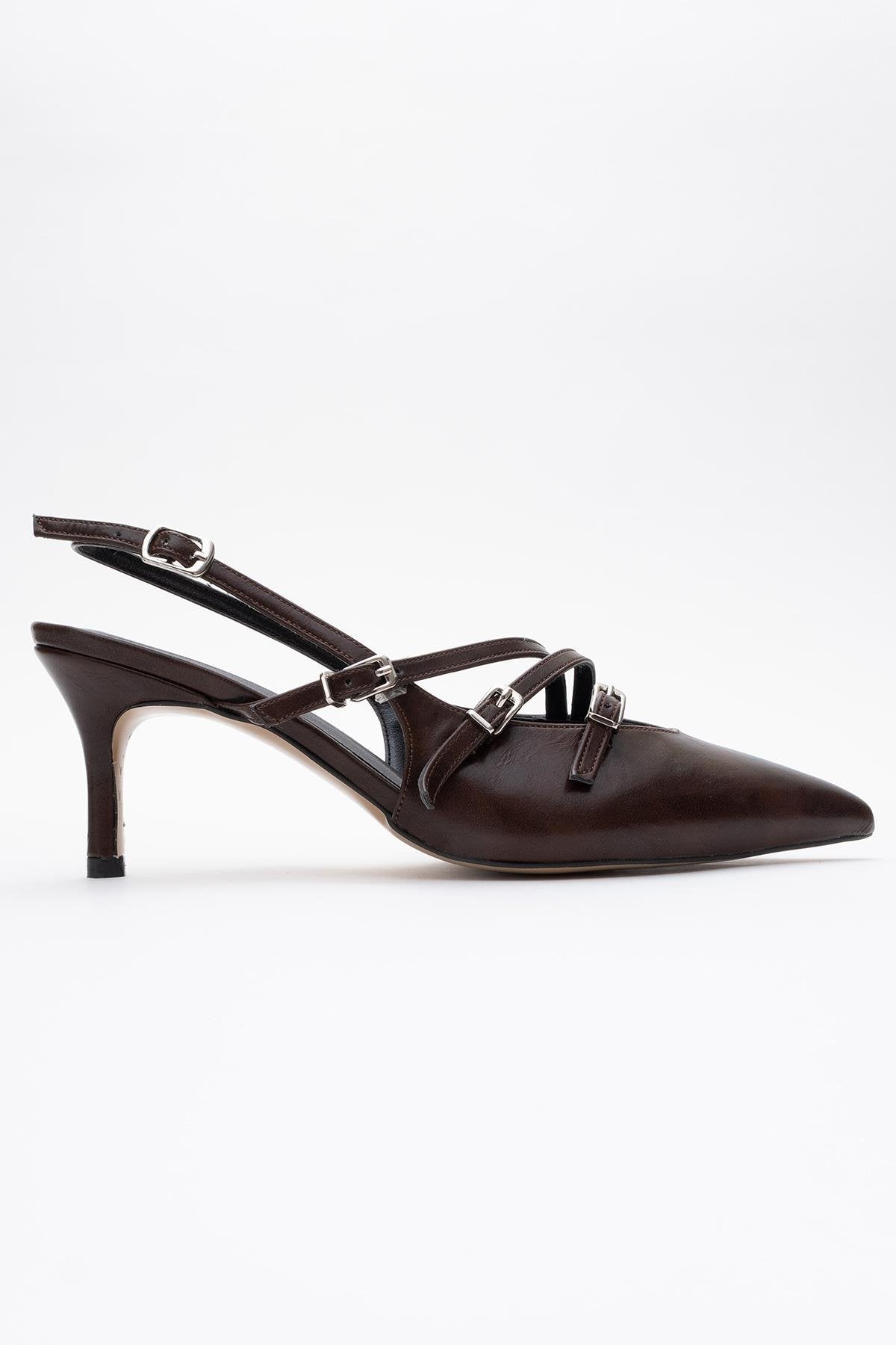 Magra Brown Cilt Pointed-Toe Slingback Stiletto – top view showing leather, red, Vowalisse