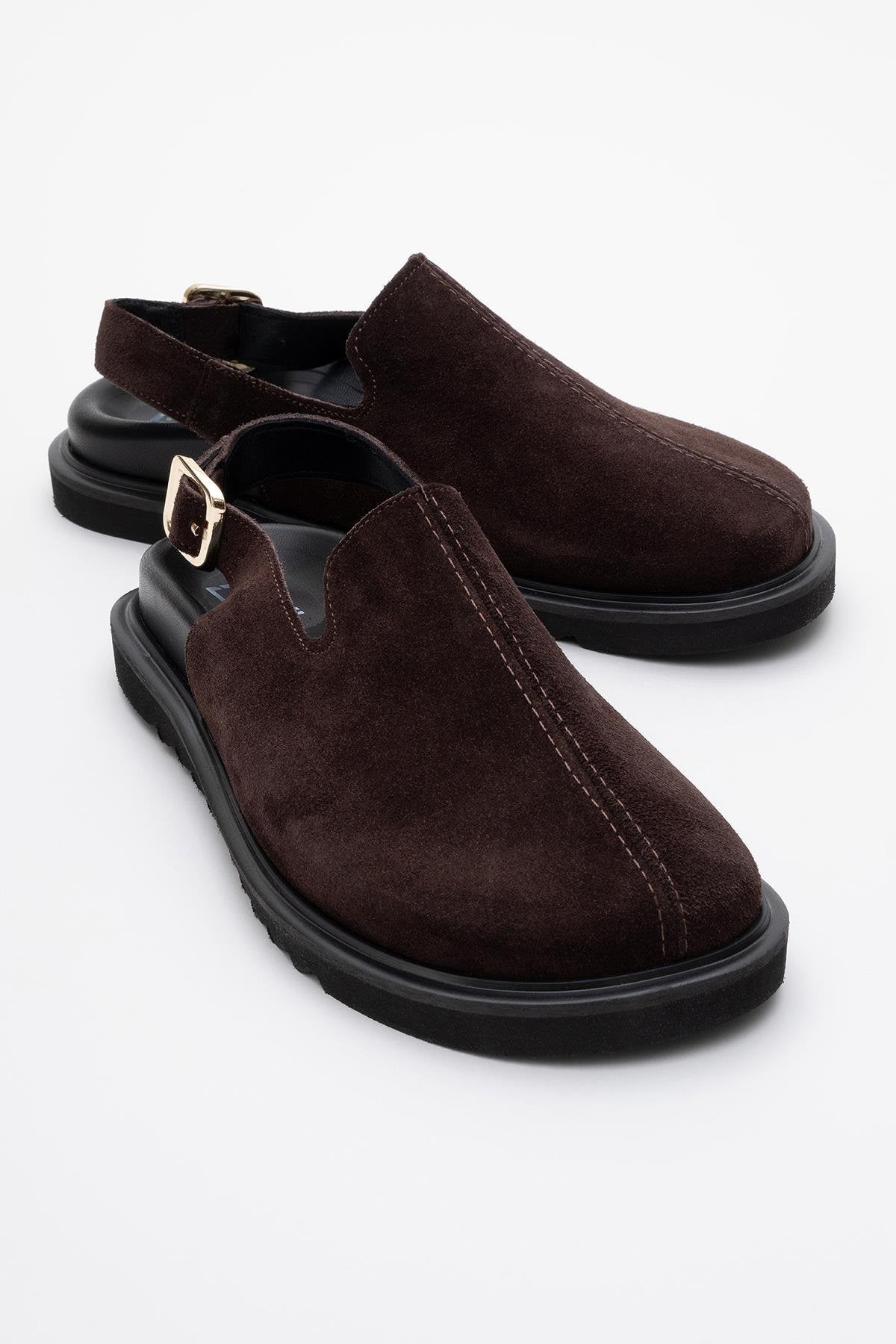 Laby - Brown Suede Leather Clogs – front three-quarter view showing leather, suede, red, Vowalisse