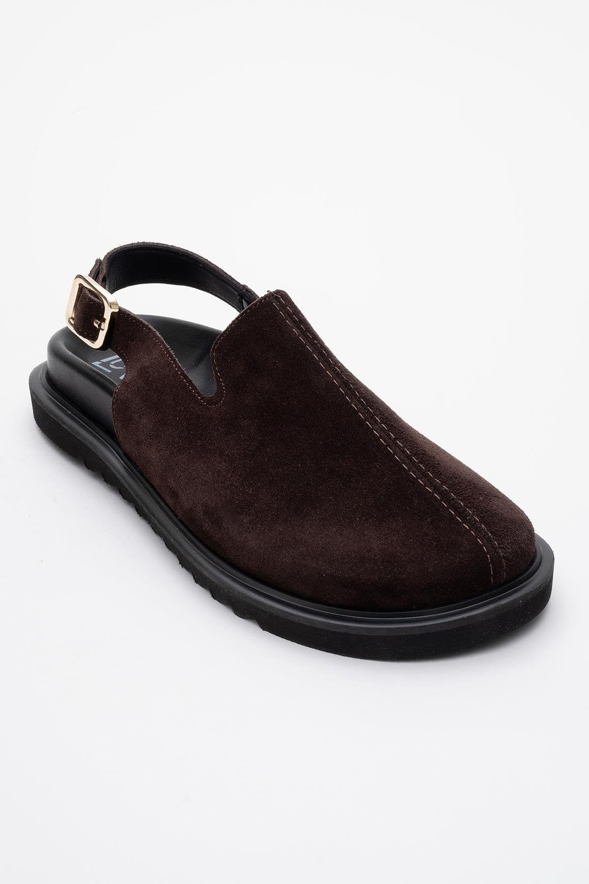 Laby - Brown Suede Leather Clogs – detail view showing leather, suede, red, Vowalisse