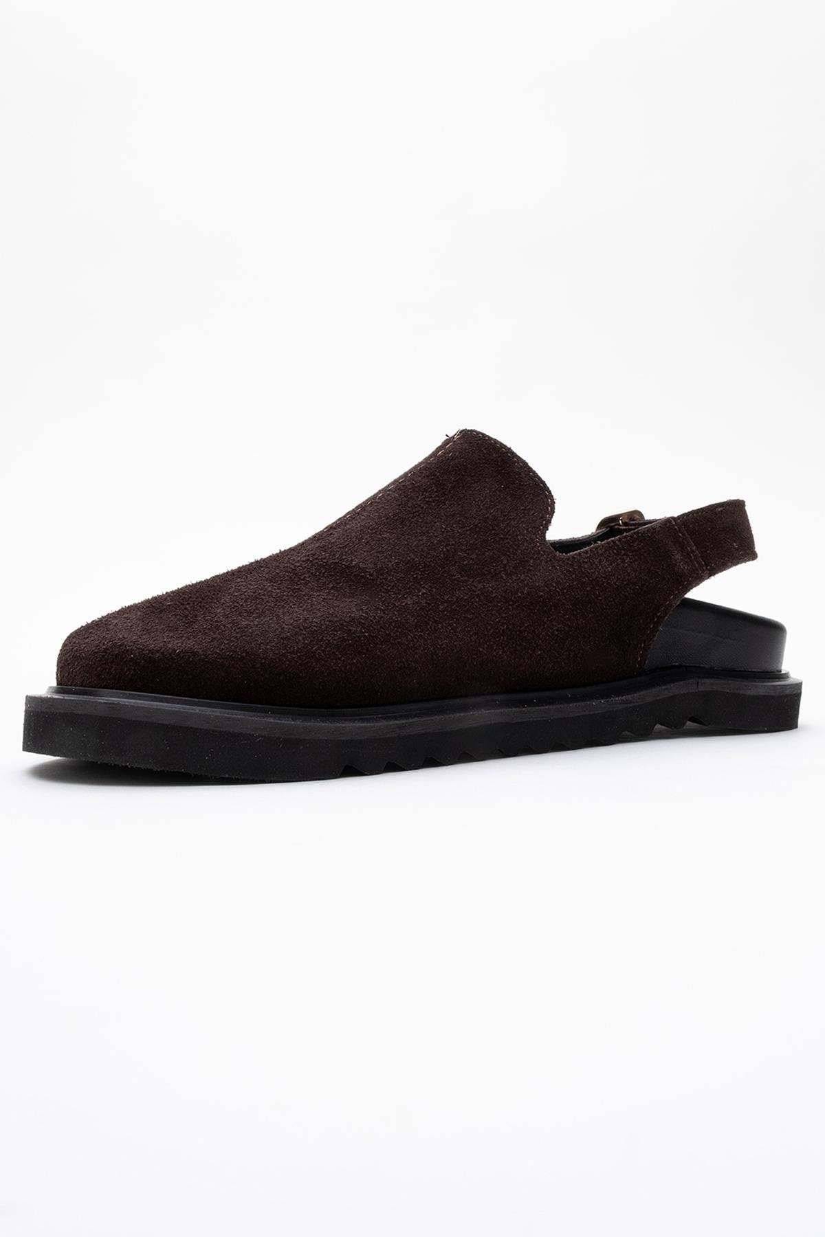 Laby - Brown Suede Leather Clogs – heel view showing leather, suede, red, Vowalisse
