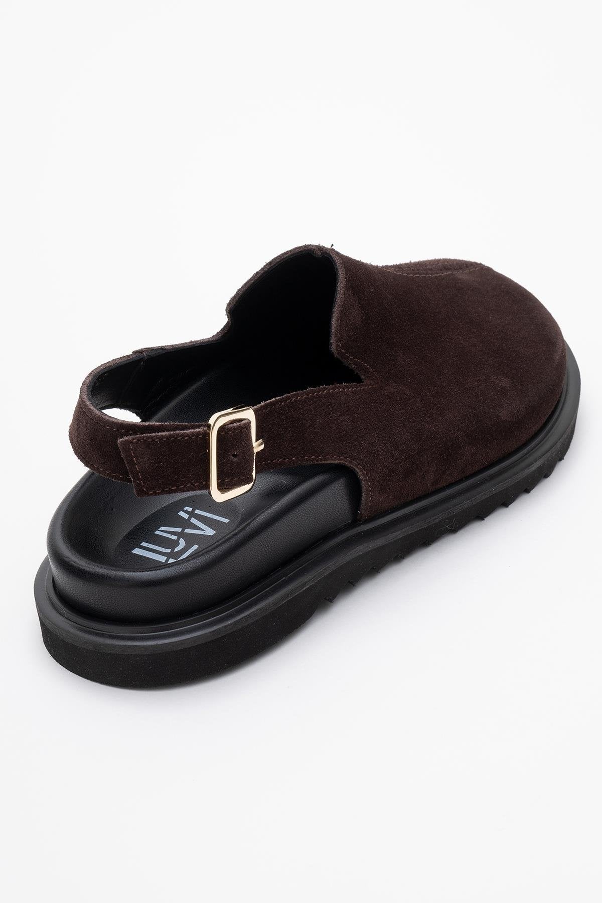 Laby - Brown Suede Leather Clogs – back view showing leather, suede, red, Vowalisse