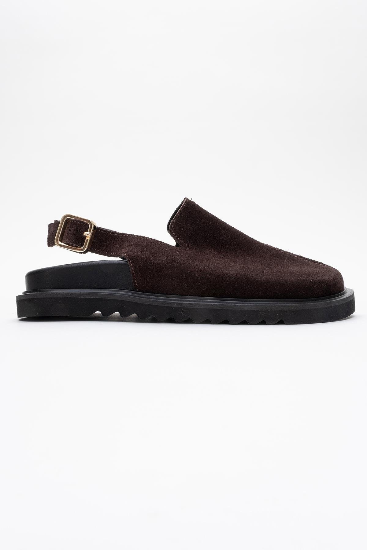 Laby - Brown Suede Leather Clogs – top view showing leather, suede, red, Vowalisse