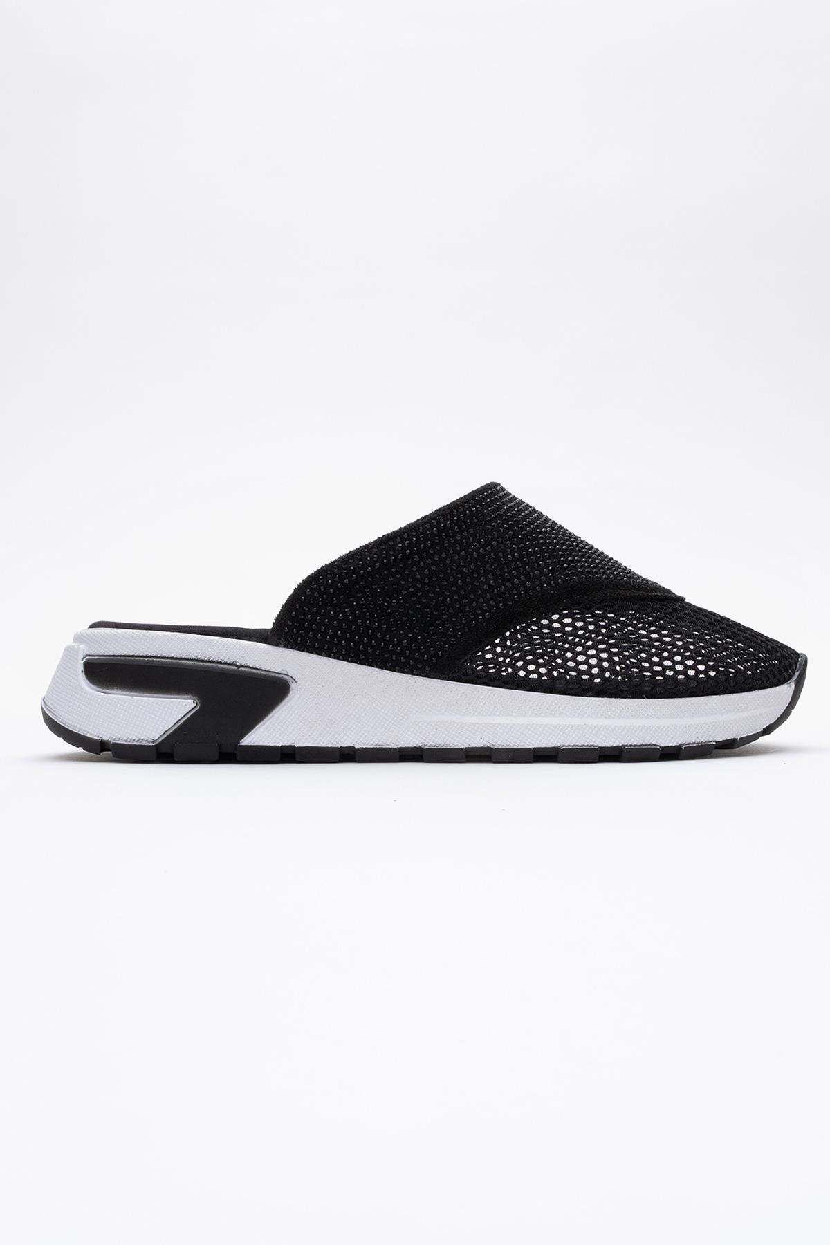 GLEA Black Mesh Rhinestone Mules – top view showing rhinestone, crystal, leather, Vowalisse