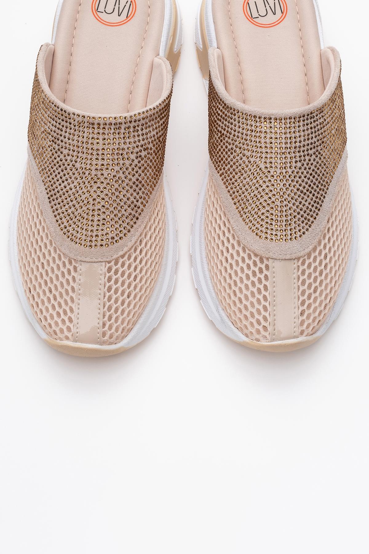 GLEA Beige Mesh Rhinestone Mules – side view showing rhinestone, crystal, leather, Vowalisse