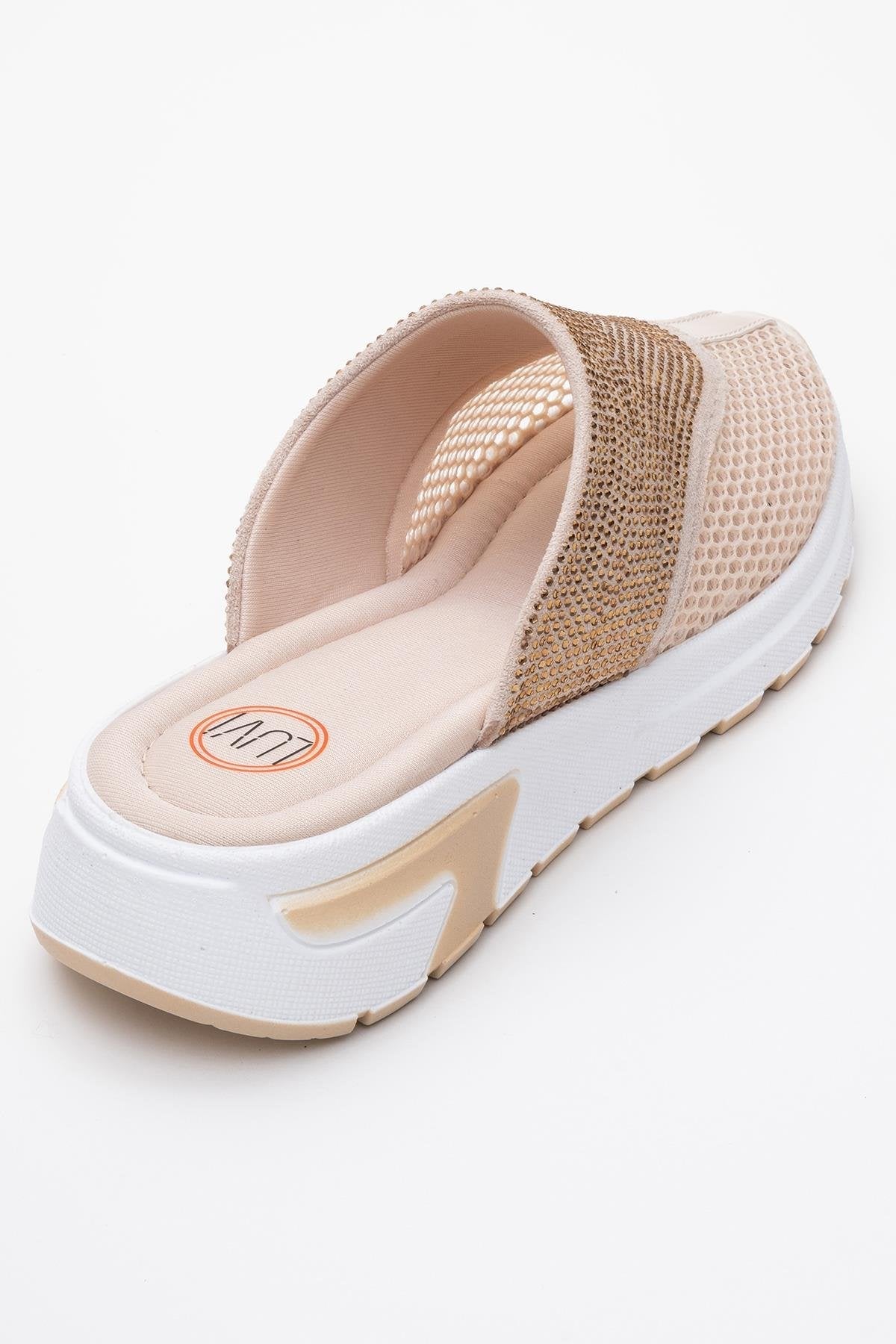 GLEA Beige Mesh Rhinestone Mules – back view showing rhinestone, crystal, leather, Vowalisse