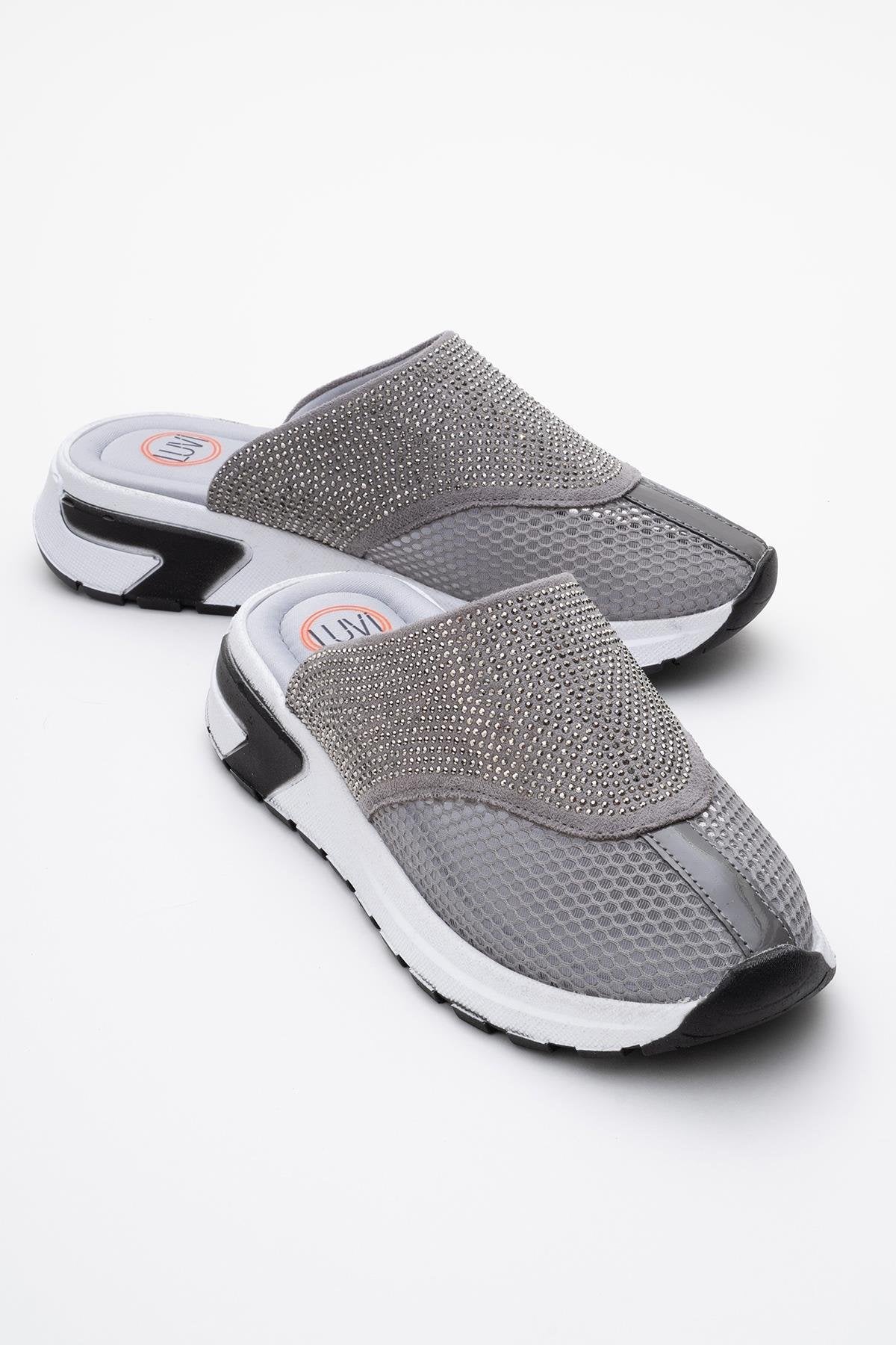 GLEA Grey Mesh Rhinestone Mules – front three-quarter view showing rhinestone, crystal, leather, Vowalisse