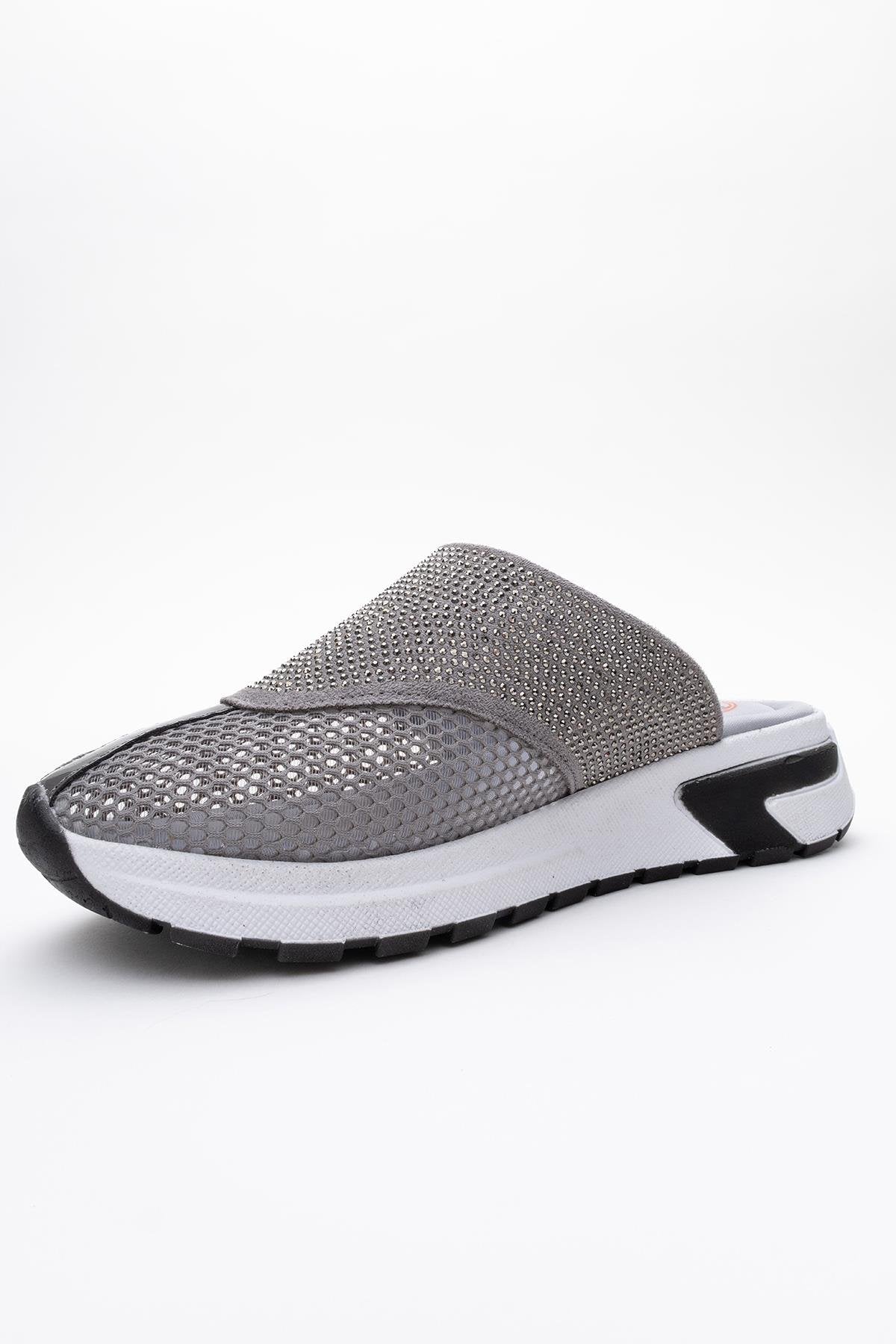 GLEA Grey Mesh Rhinestone Mules – heel view showing rhinestone, crystal, leather, Vowalisse