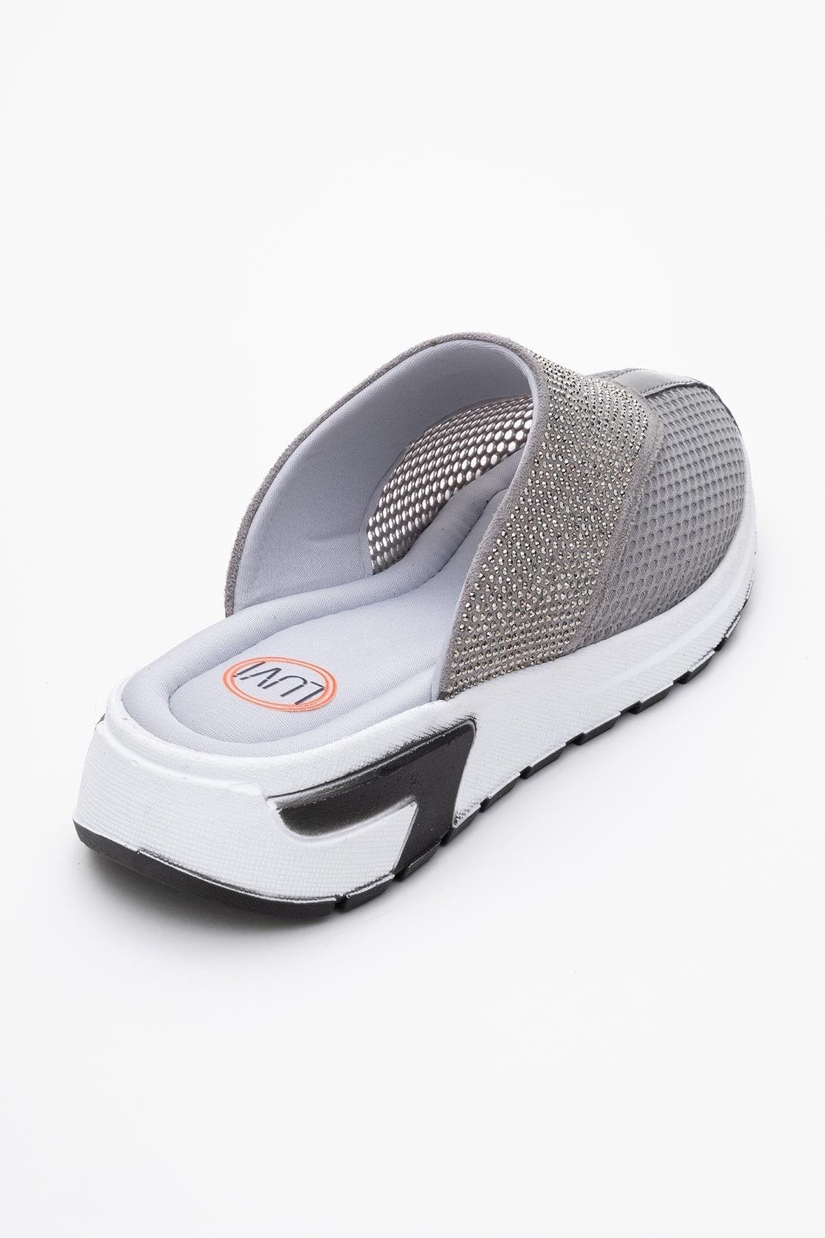 GLEA Grey Mesh Rhinestone Mules – back view showing rhinestone, crystal, leather, Vowalisse