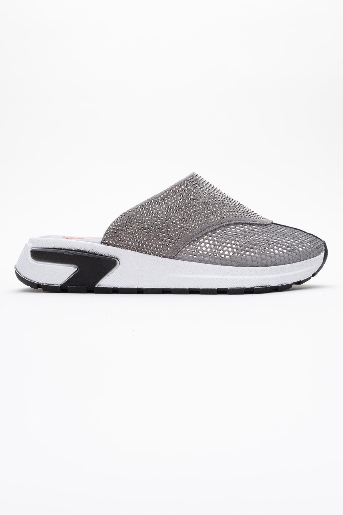 GLEA Grey Mesh Rhinestone Mules – top view showing rhinestone, crystal, leather, Vowalisse