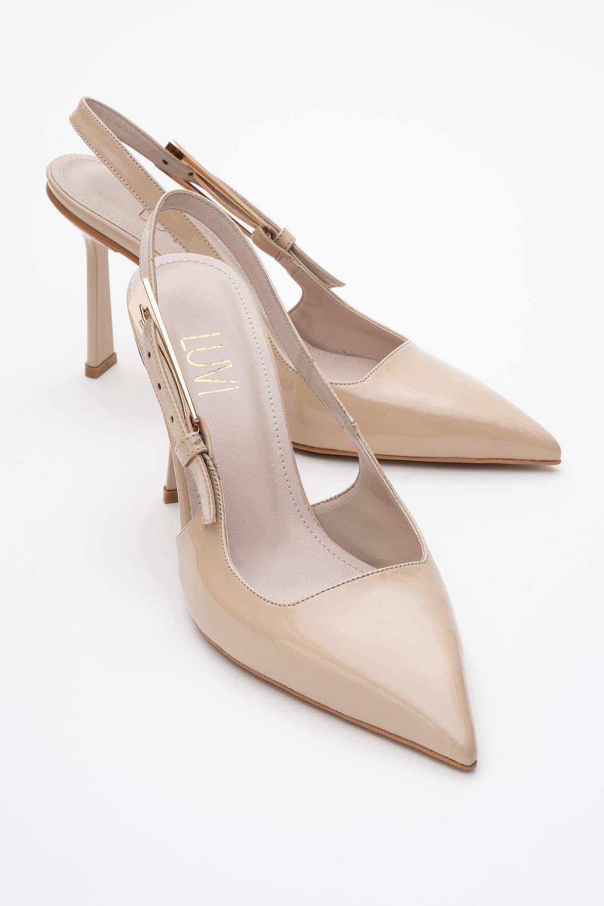 Glory - Beige Patent Buckled Stiletto Pump – front three-quarter view showing leather, Vowalisse