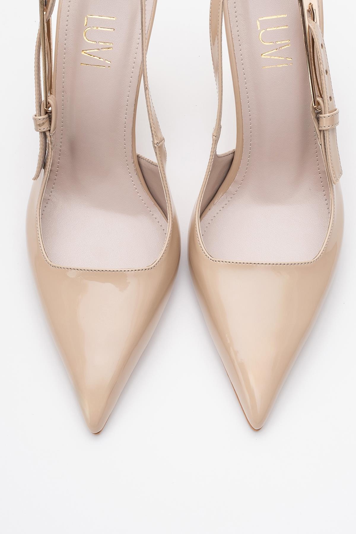 Glory - Beige Patent Buckled Stiletto Pump – side view showing leather, Vowalisse