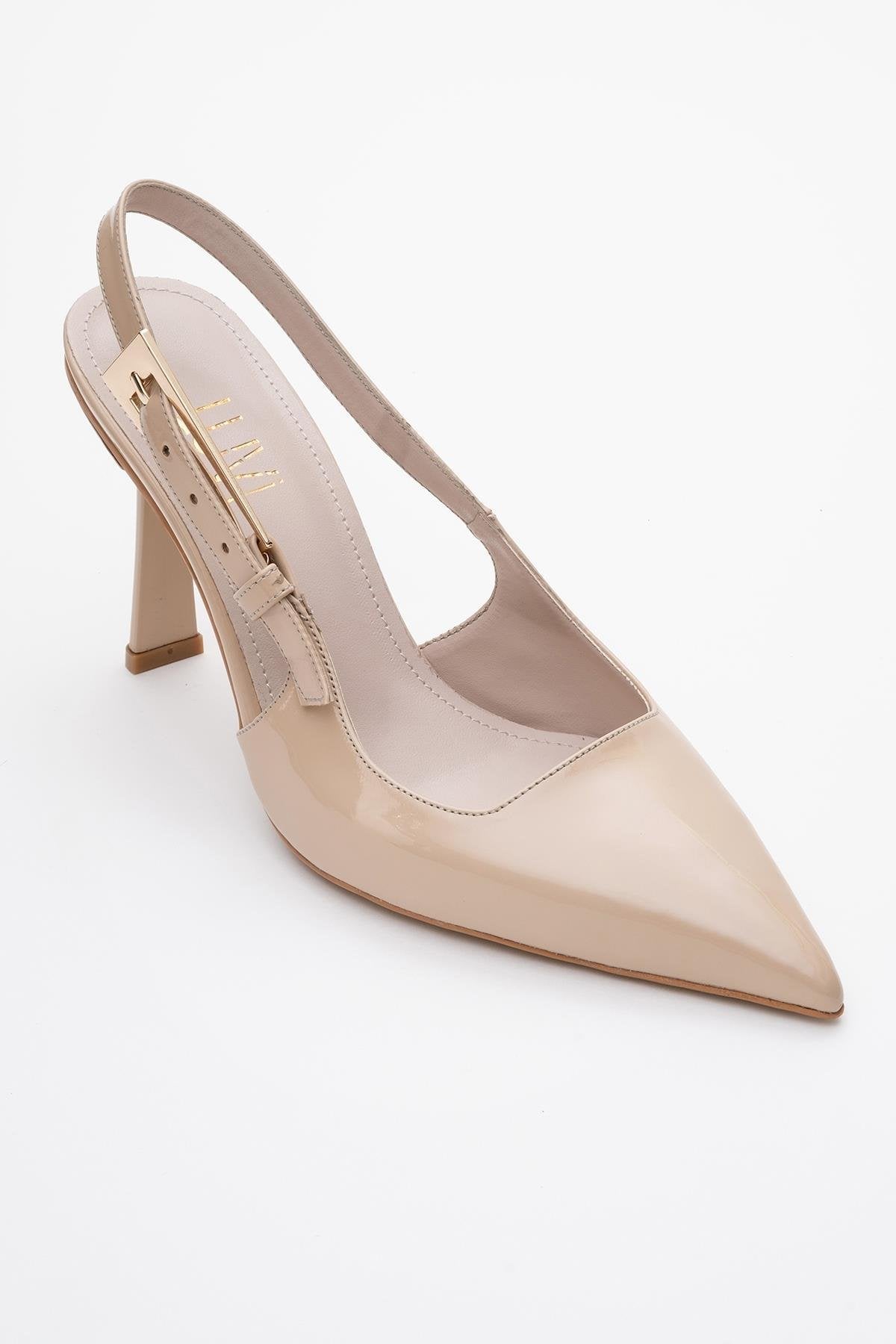 Glory - Beige Patent Buckled Stiletto Pump – detail view showing leather, Vowalisse