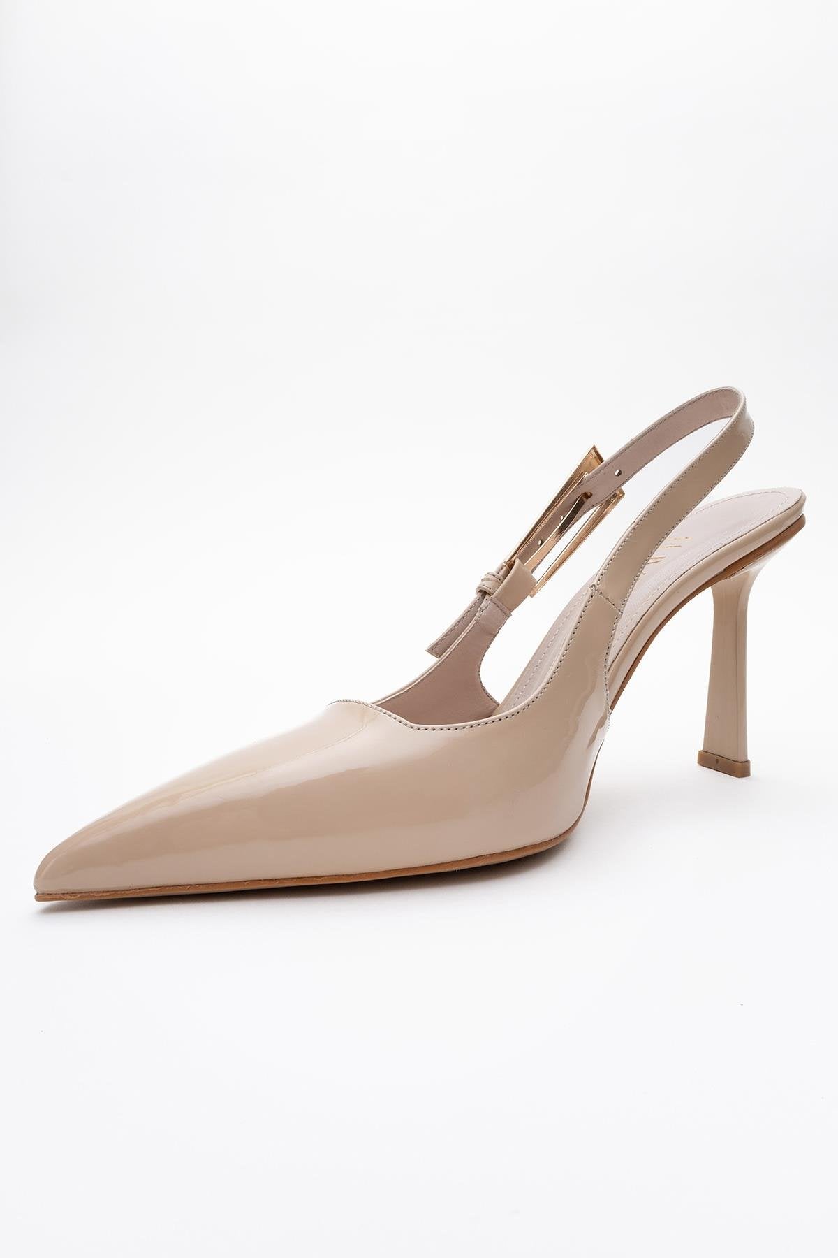 Glory - Beige Patent Buckled Stiletto Pump – heel view showing leather, Vowalisse