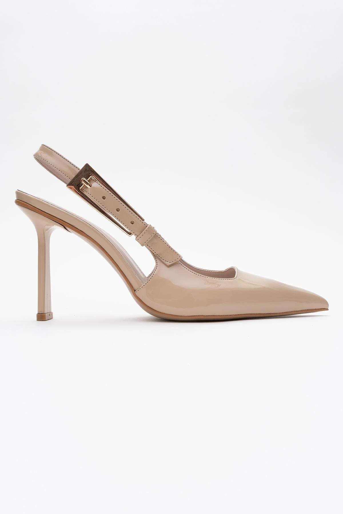 Glory - Beige Patent Buckled Stiletto Pump – top view showing leather, Vowalisse