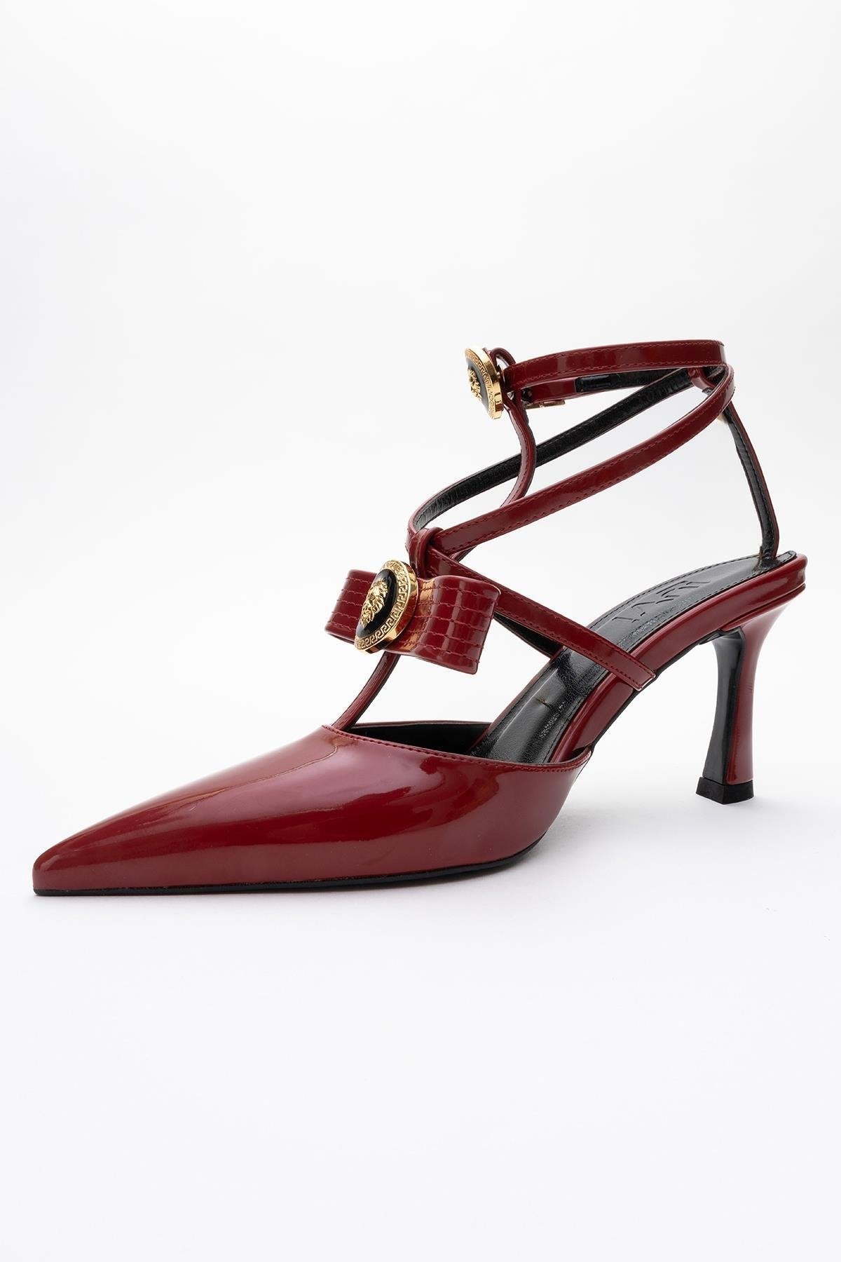 Peal - Burgundy Patent Heeled Shoe – back view showing leather, Vowalisse