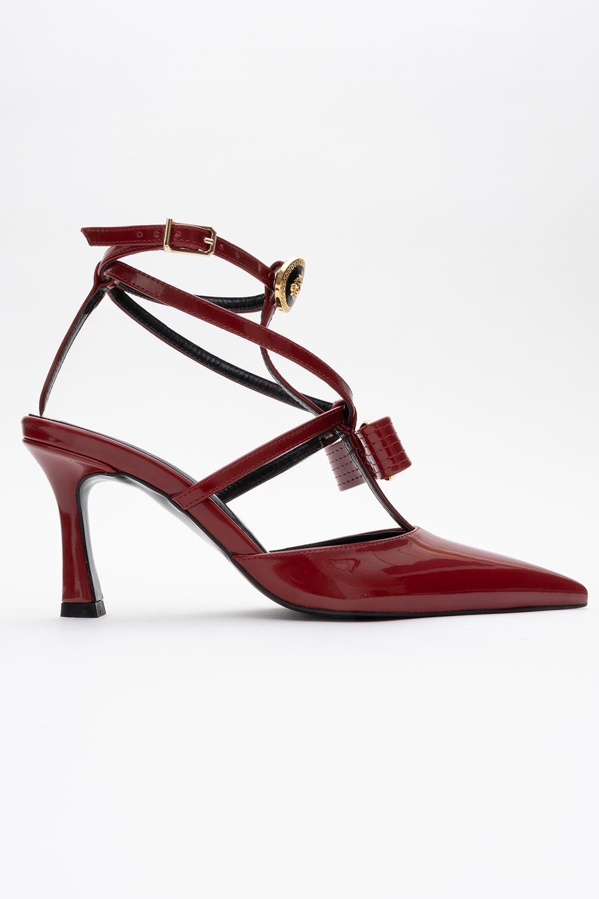 Peal - Burgundy Patent Heeled Shoe – sole view showing leather, Vowalisse