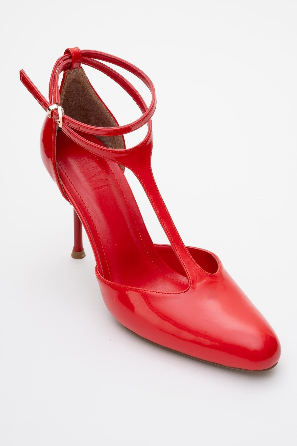 Jon - Red Patent Stiletto Heel Shoe – detail view showing leather, red, Vowalisse