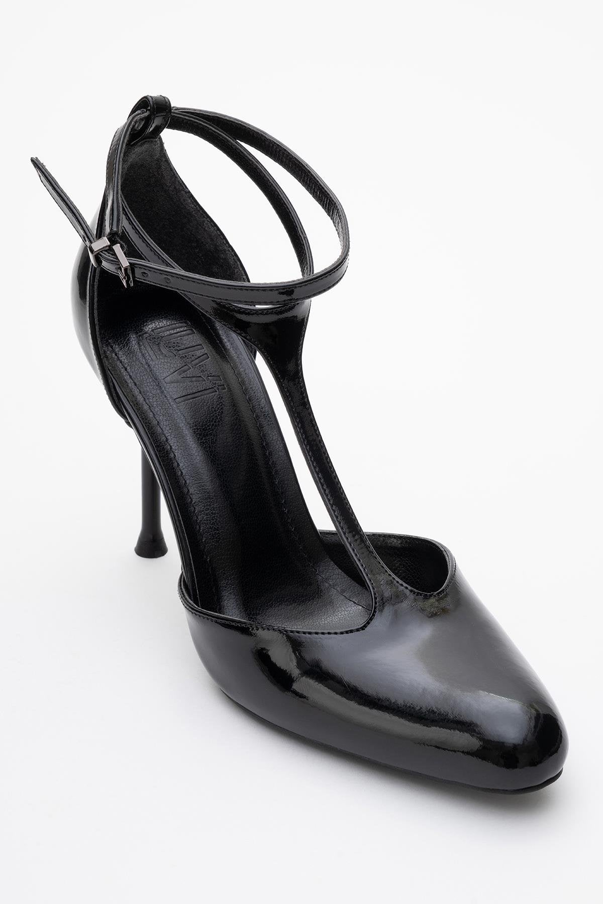 Jon - Black Patent Stiletto Heel Shoe – detail view showing leather, black, red, Vowalisse
