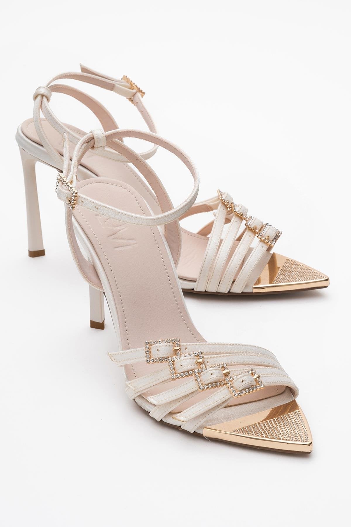 Auro - Beige Satin Jeweled Buckle Heeled Shoe – front three-quarter view showing satin, Vowalisse