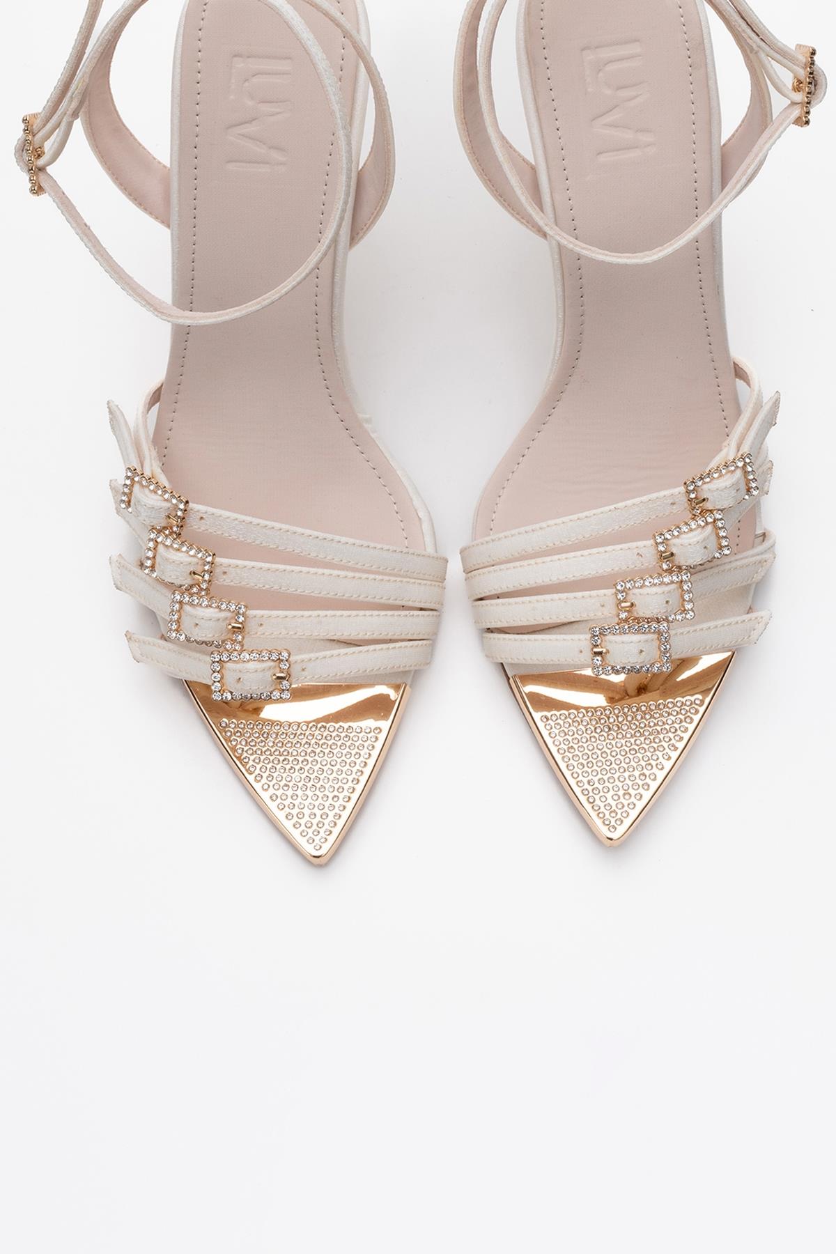 Auro - Beige Satin Jeweled Buckle Heeled Shoe – side view showing satin, Vowalisse