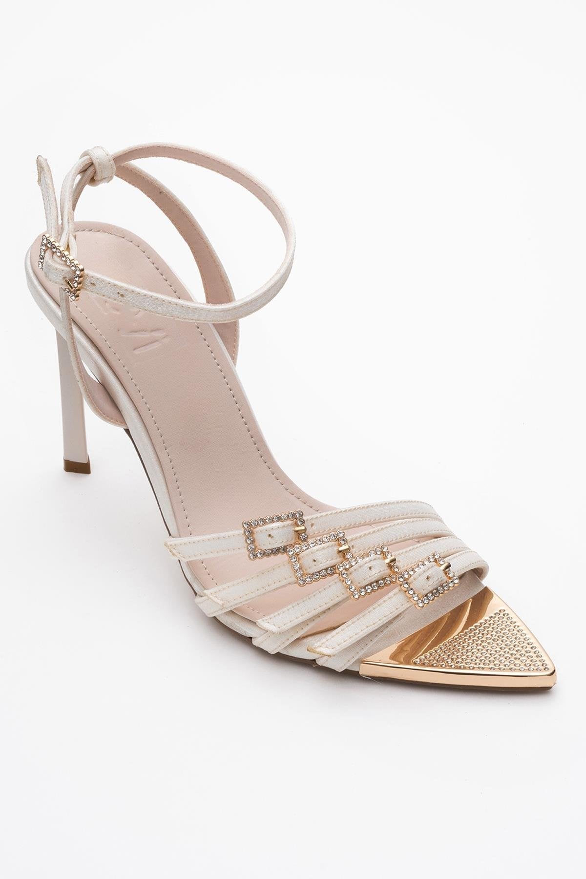 Auro - Beige Satin Jeweled Buckle Heeled Shoe – detail view showing satin, Vowalisse