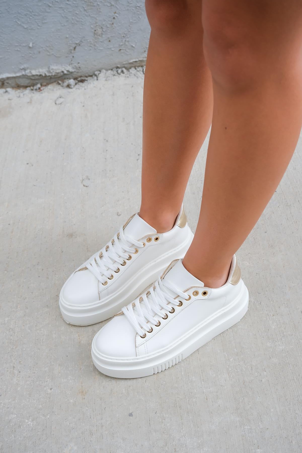 Violette - White Platform Sneakers – top view showing leather, white, Vowalisse