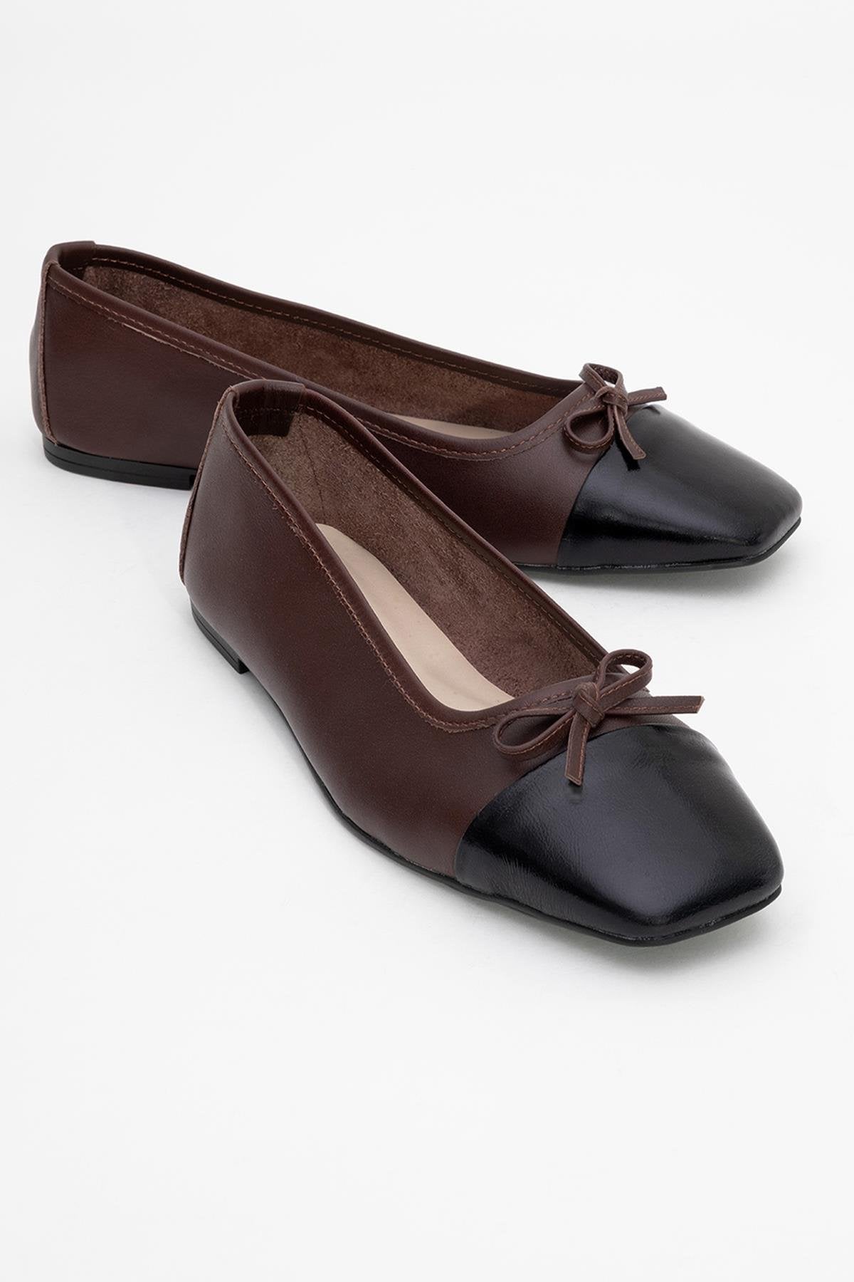 Romy - Brown-Black Genuine Leather Ballet Flat – front three-quarter view showing leather, black, Vowalisse