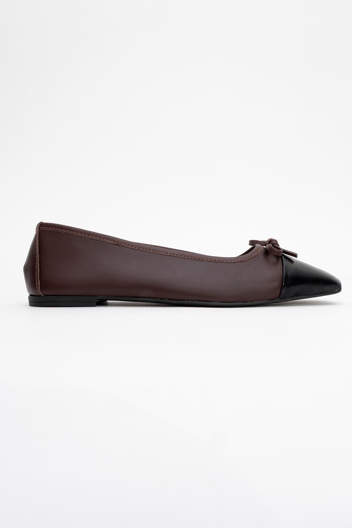 Romy - Brown-Black Genuine Leather Ballet Flat – top view showing leather, black, Vowalisse
