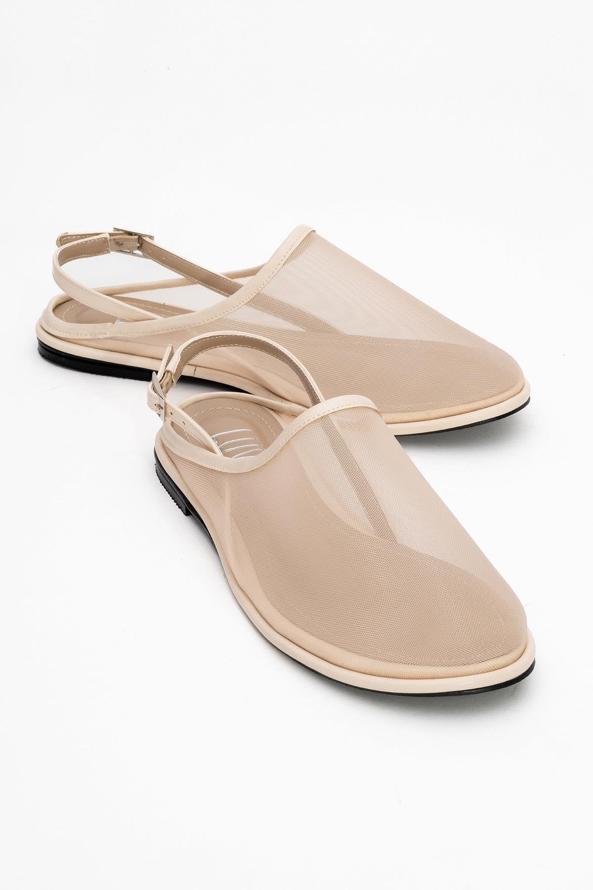 Shen Beige Mesh Sandal – front three-quarter view showing leather, mesh, Vowalisse