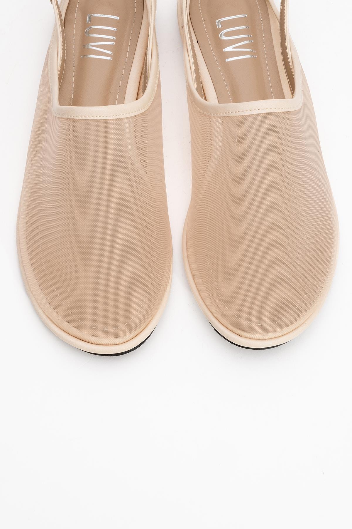 Shen Beige Mesh Sandal – side view showing leather, mesh, Vowalisse