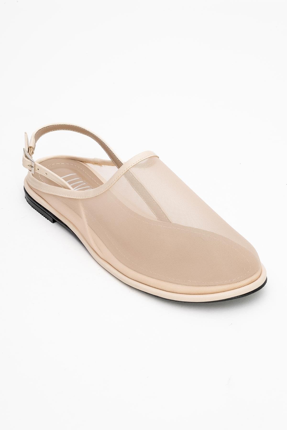 Shen Beige Mesh Sandal – detail view showing leather, mesh, Vowalisse