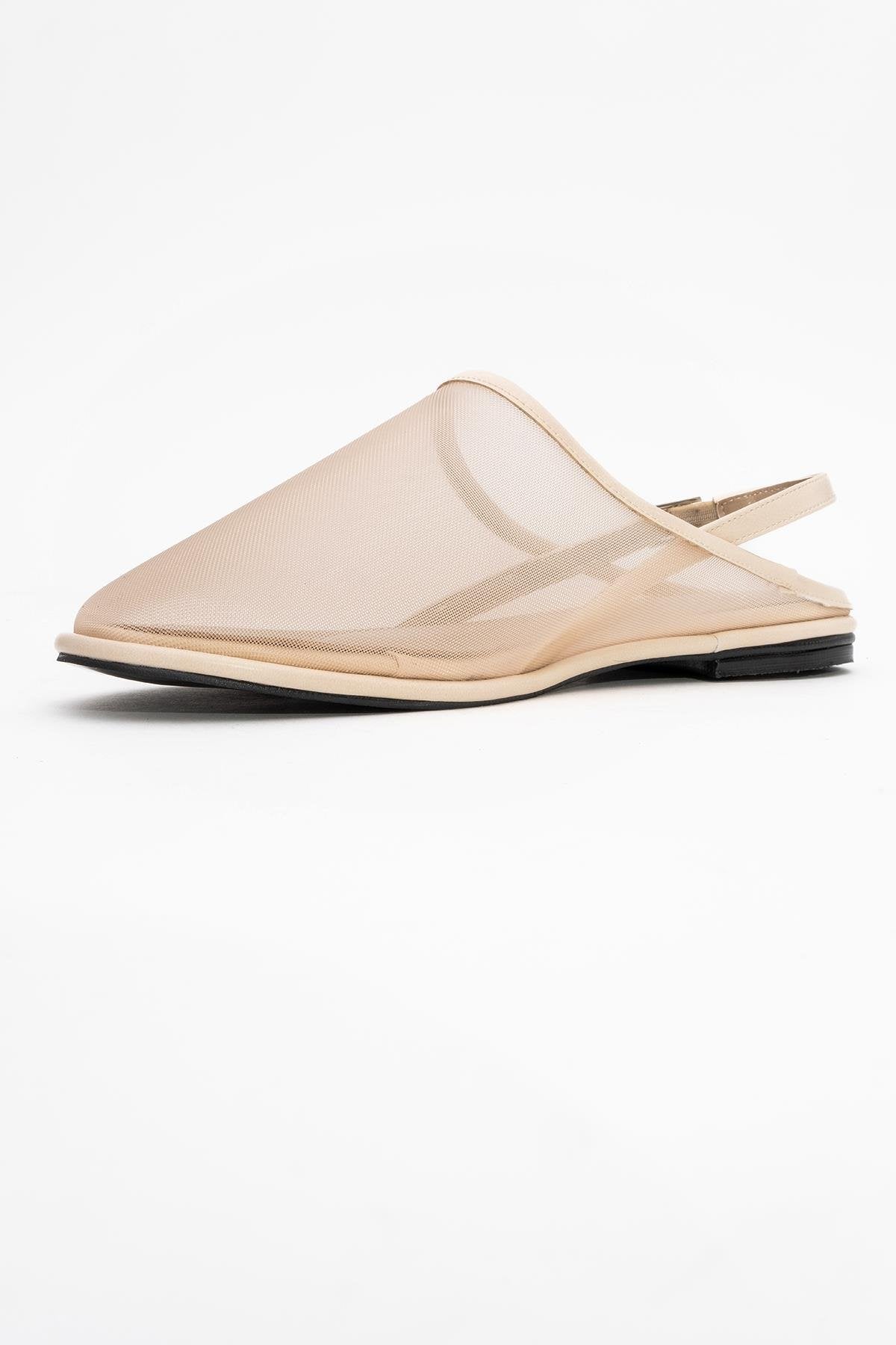 Shen Beige Mesh Sandal – heel view showing leather, mesh, Vowalisse