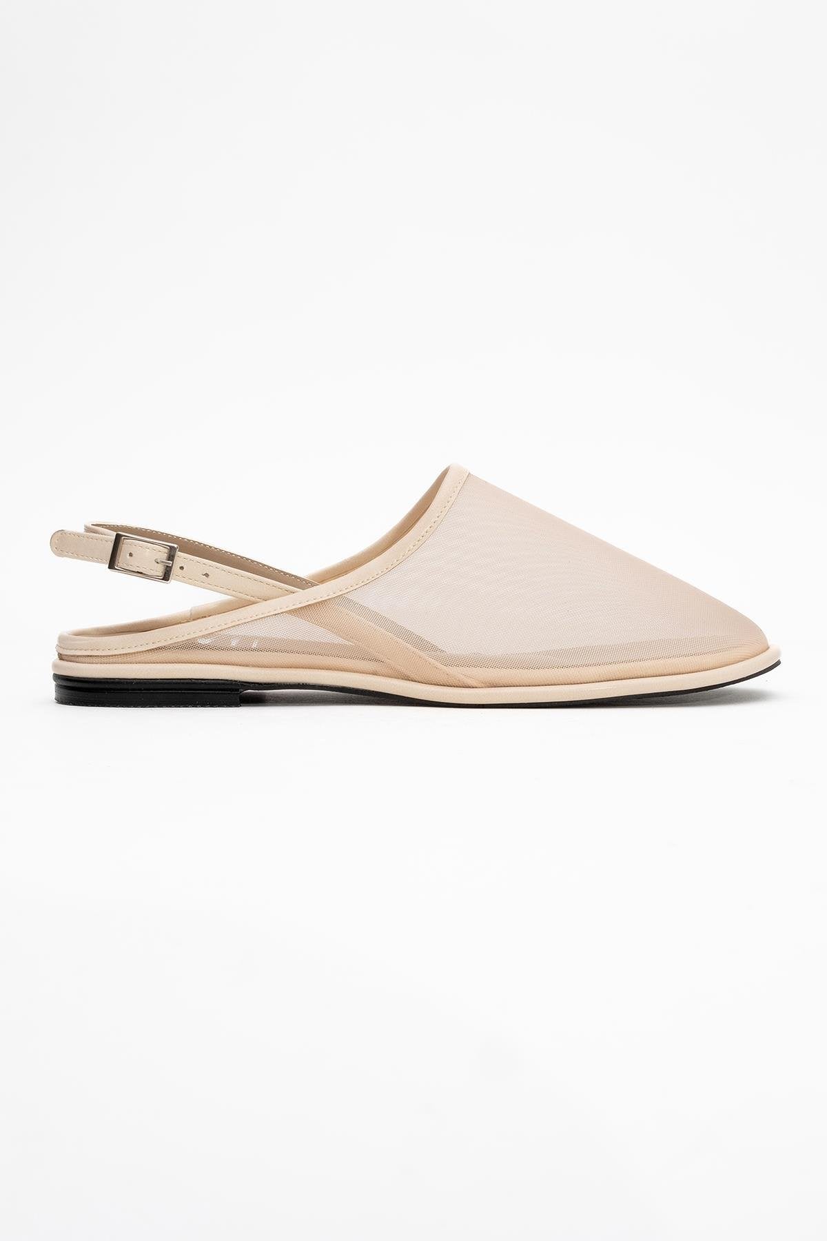 Shen Beige Mesh Sandal – top view showing leather, mesh, Vowalisse