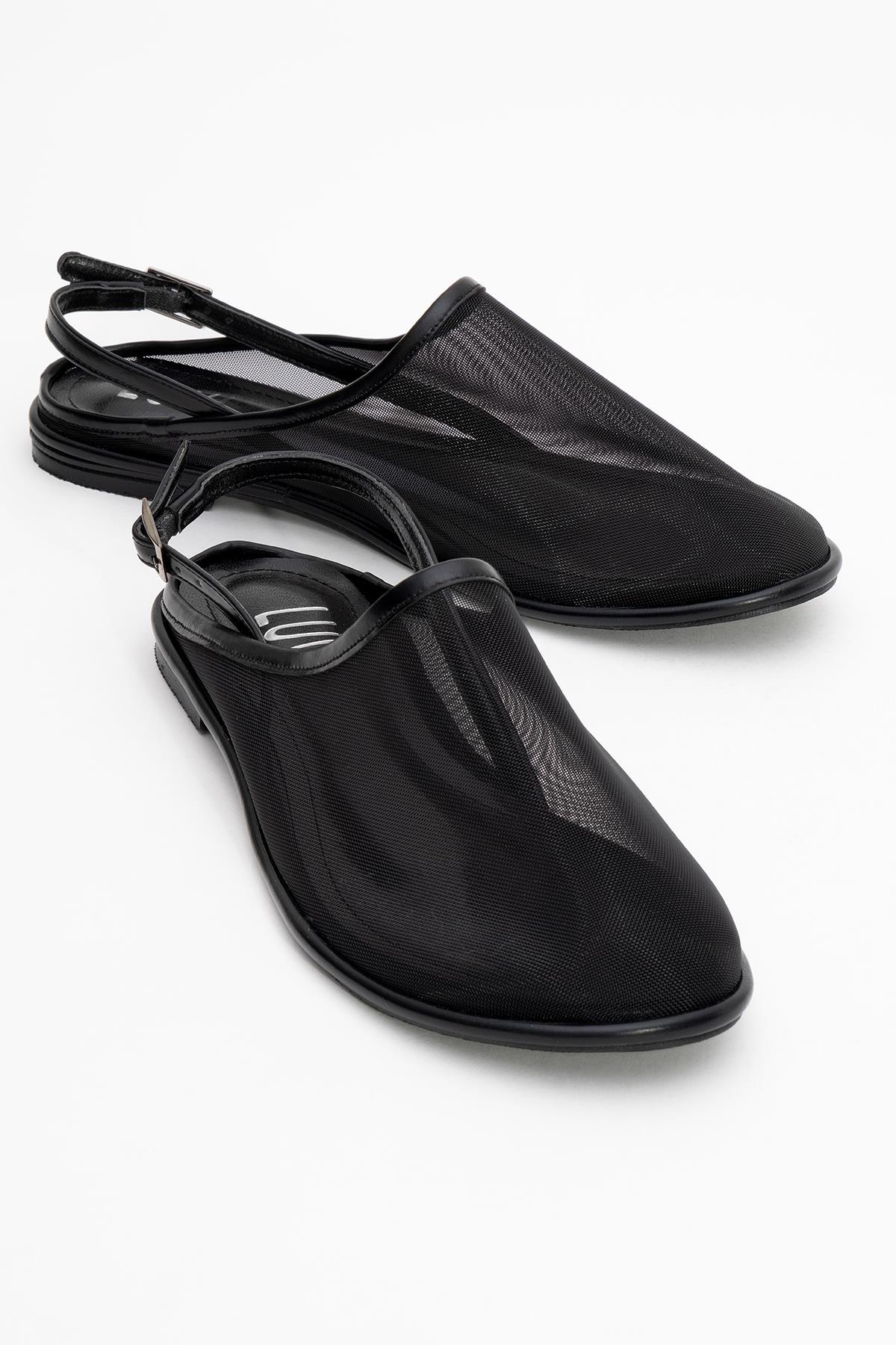 Shen Black Mesh Sandal – front three-quarter view showing leather, mesh, black, Vowalisse