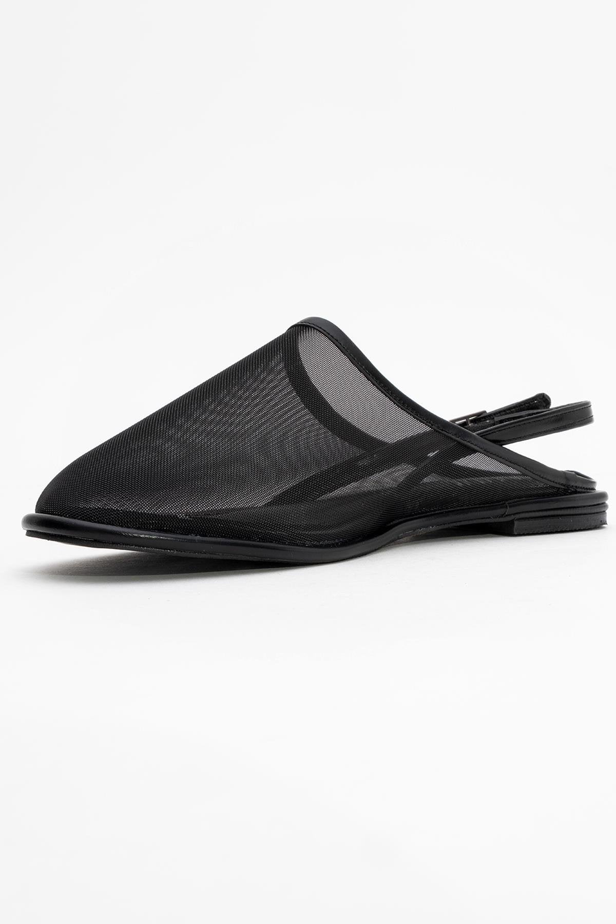 Shen Black Mesh Sandal – heel view showing leather, mesh, black, Vowalisse
