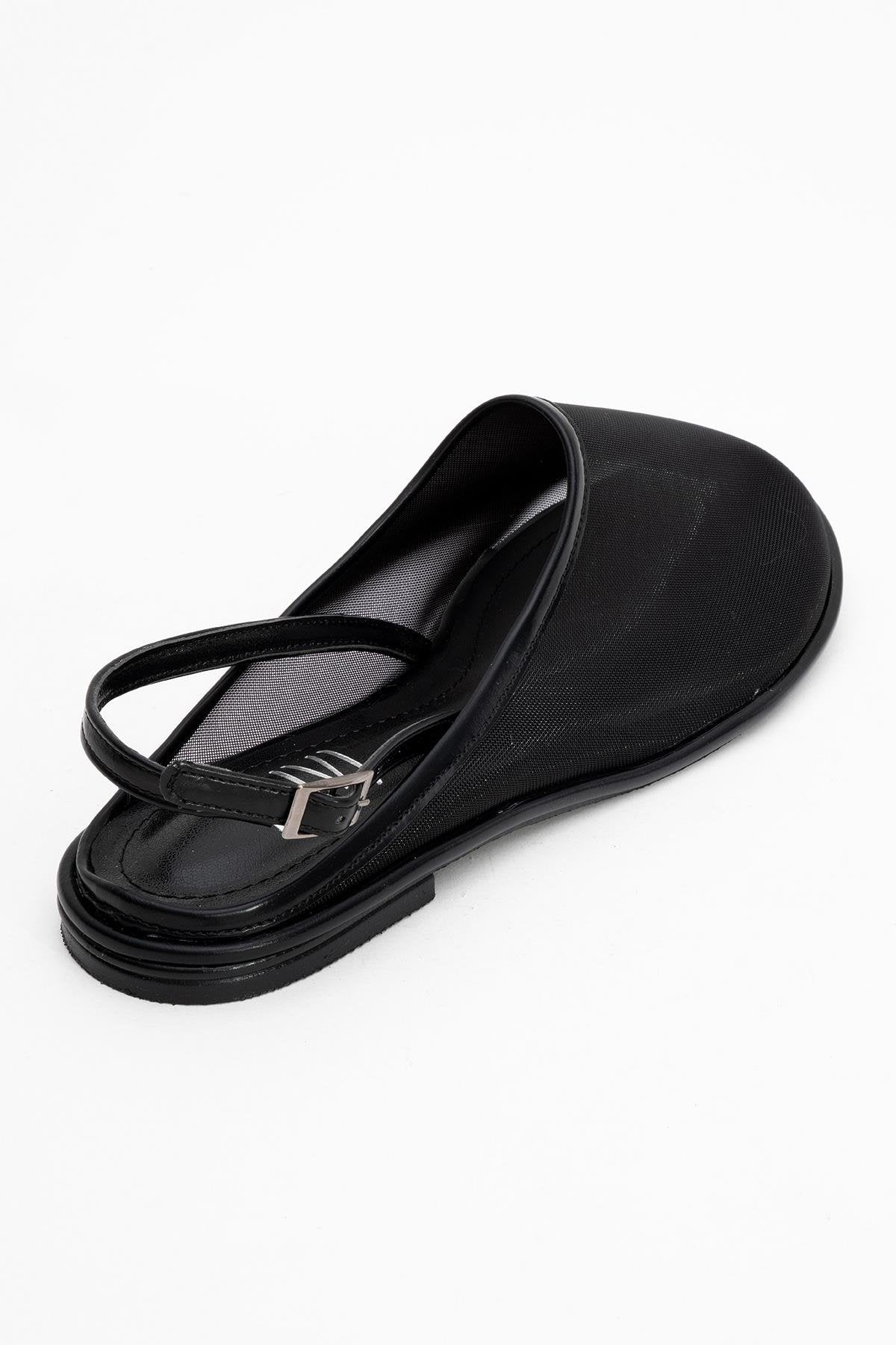 Shen Black Mesh Sandal – back view showing leather, mesh, black, Vowalisse