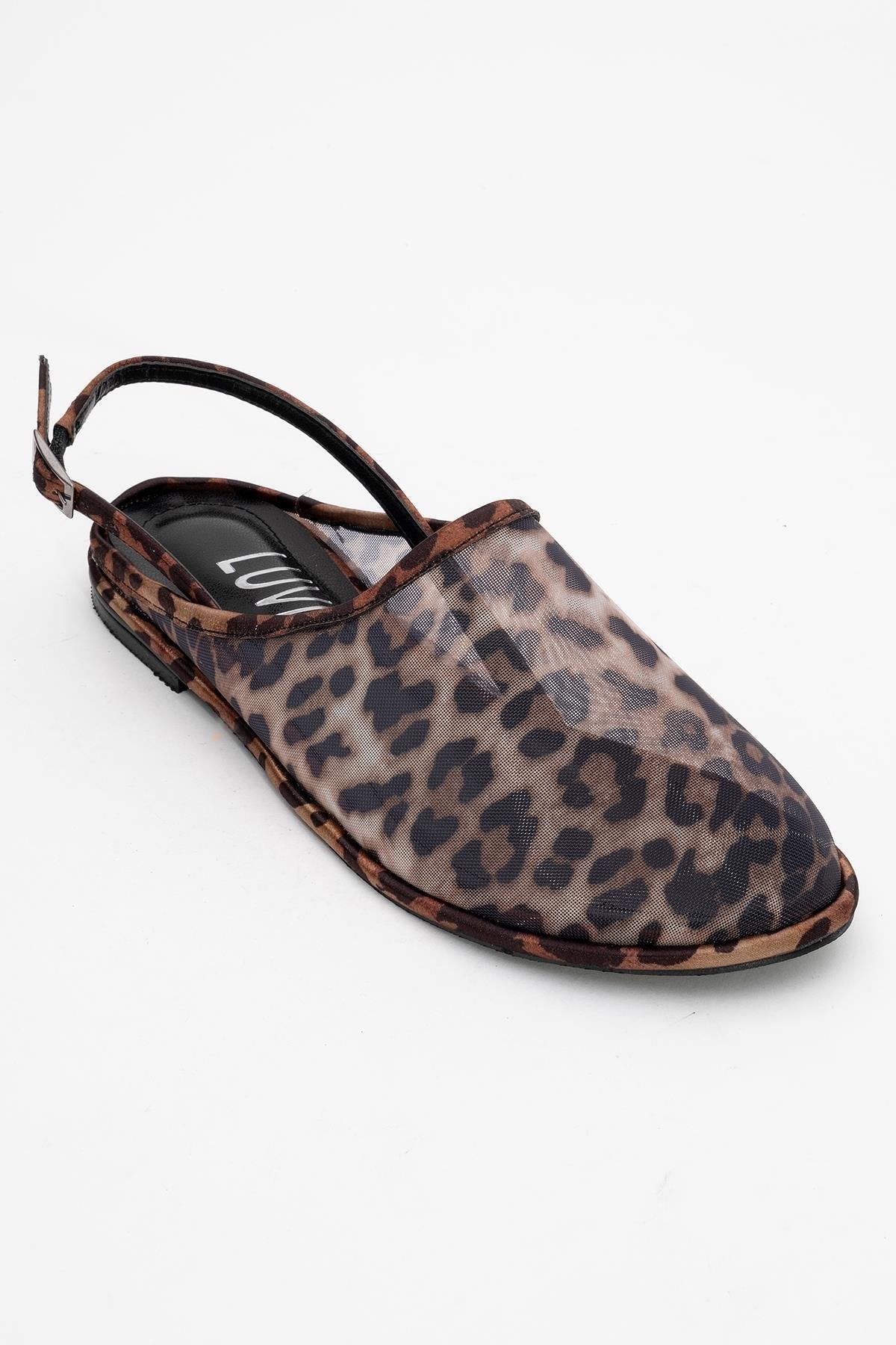 Shen Leopard Mesh Sandal – detail view showing leather, mesh, Vowalisse