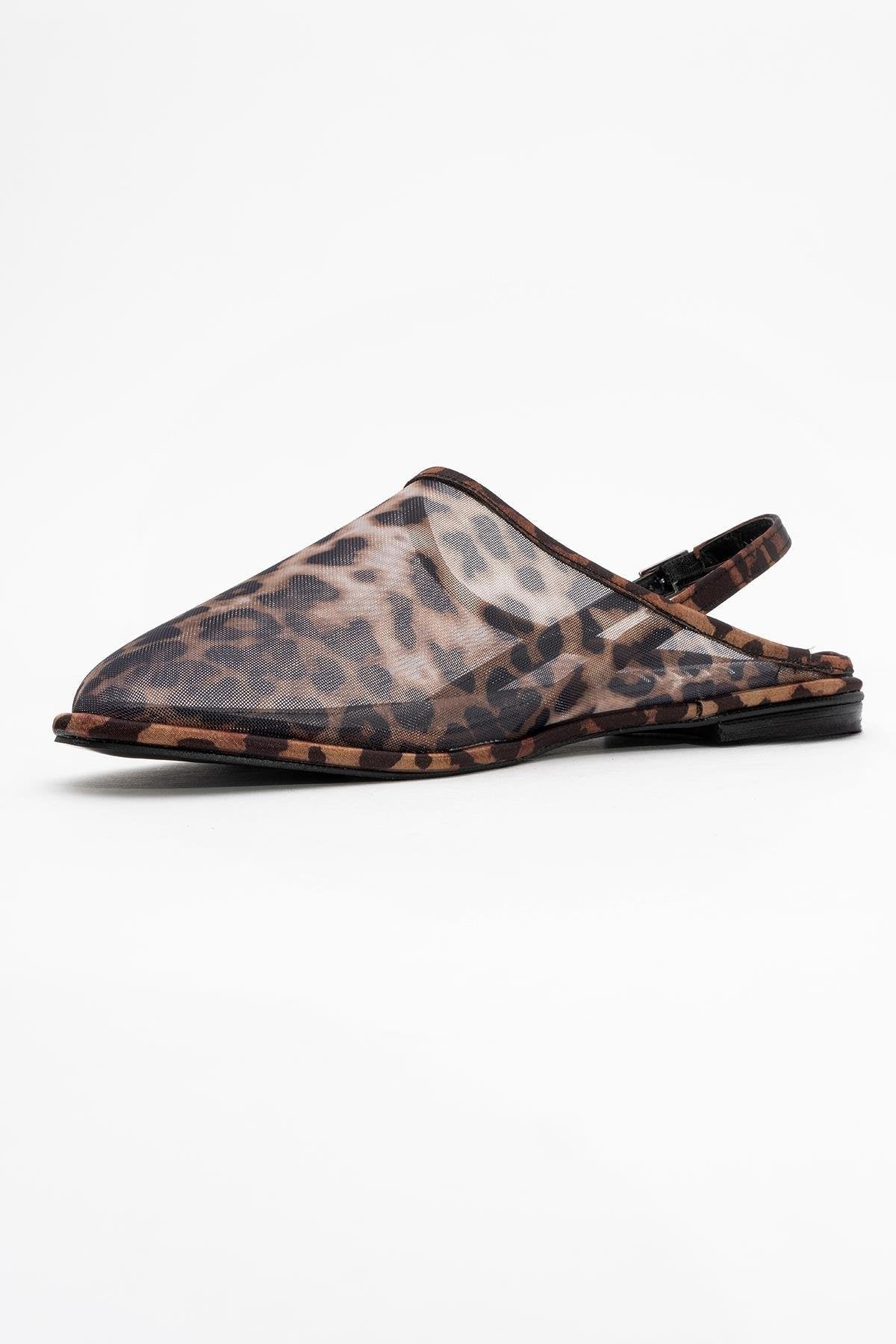 Shen Leopard Mesh Sandal – heel view showing leather, mesh, Vowalisse