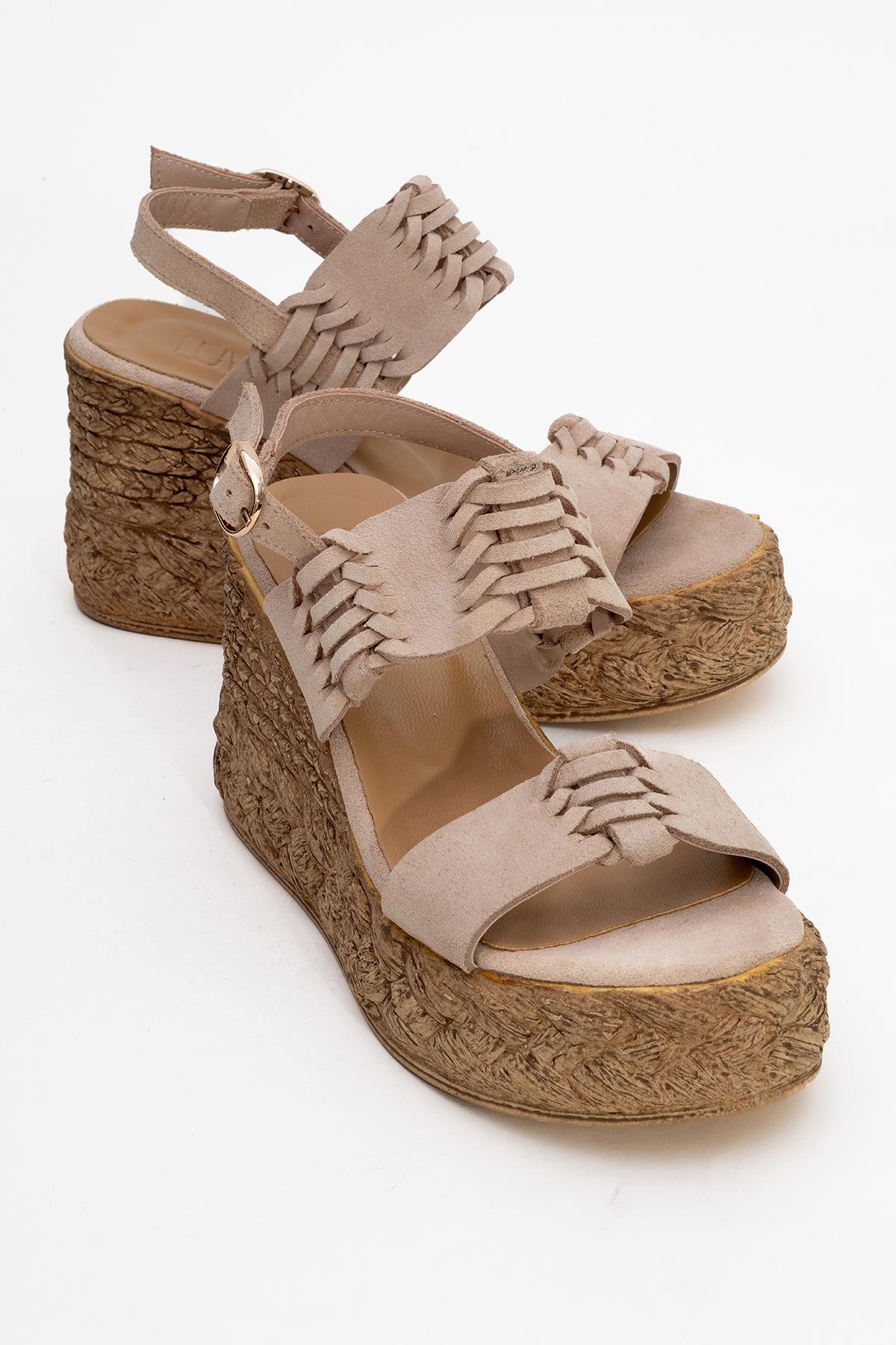 Olien - Beige Suede Leather Platform Espadrilles – front three-quarter view showing leather, suede, Vowalisse